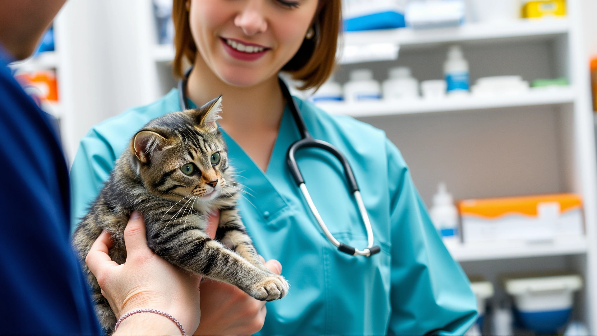 Wide, bright photo of a veterinarian gently holding a grey tabby cat while explaining something to the cat’s owner; the background shows shelves of veterinary supplies.