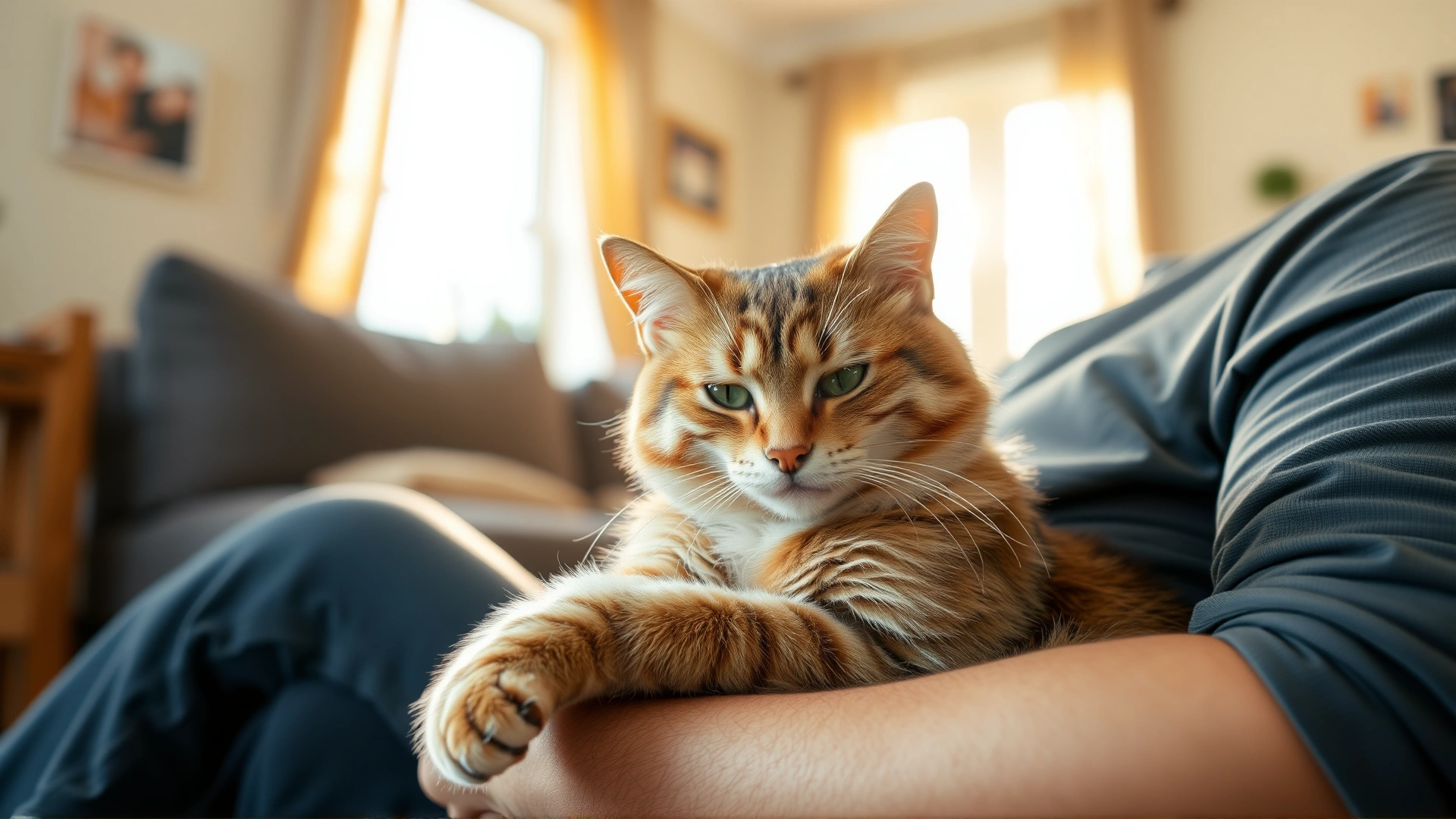 Wide banner photo of a calm male house cat being comforted by its owner in a sunlit living room, warm tones and inviting atmosphere.