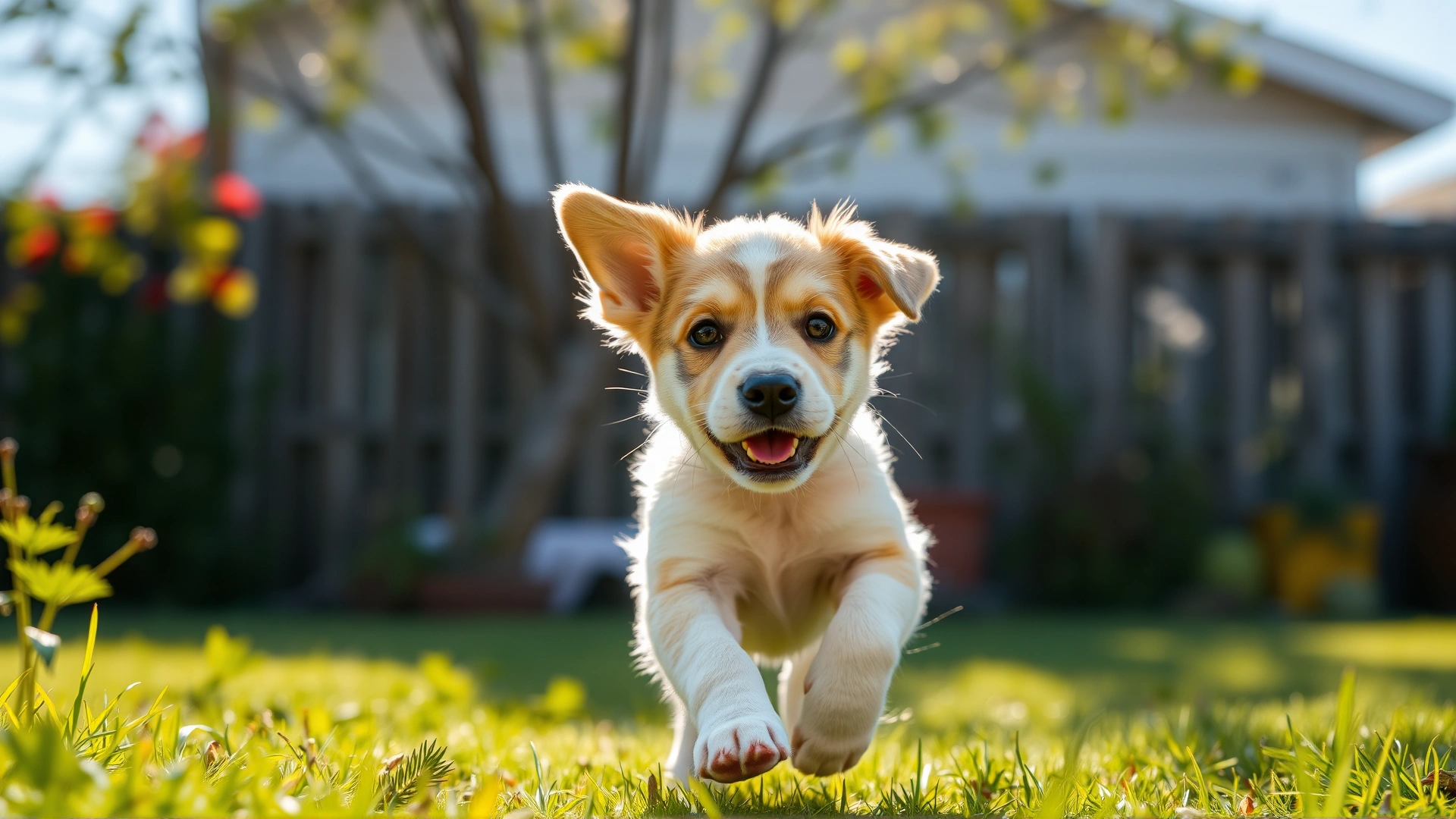 Cute puppy running toward the camera in a sunlit backyard, conveying energy and growth.