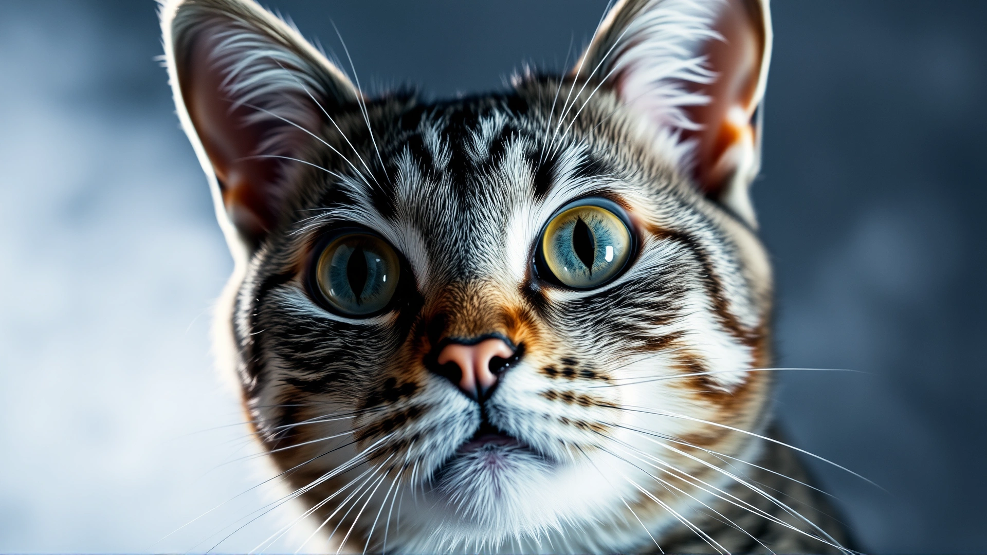 Close-up of a grey tabby cat with wide eyes, subtle smoky haze in the background hinting at carbon monoxide danger, no text, dramatic lighting