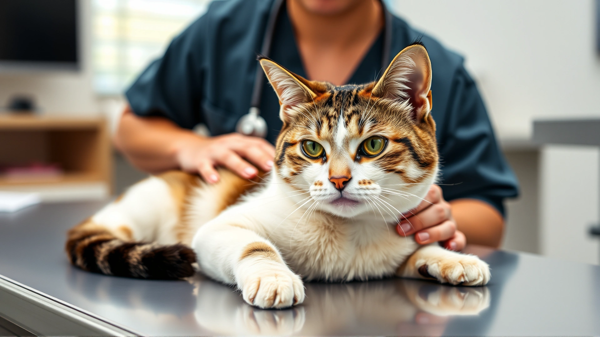 Cat lying on veterinary examination table with concerned expression, vet wearing stethoscope gently comforting it, bright clinic setting, horizontal orientation