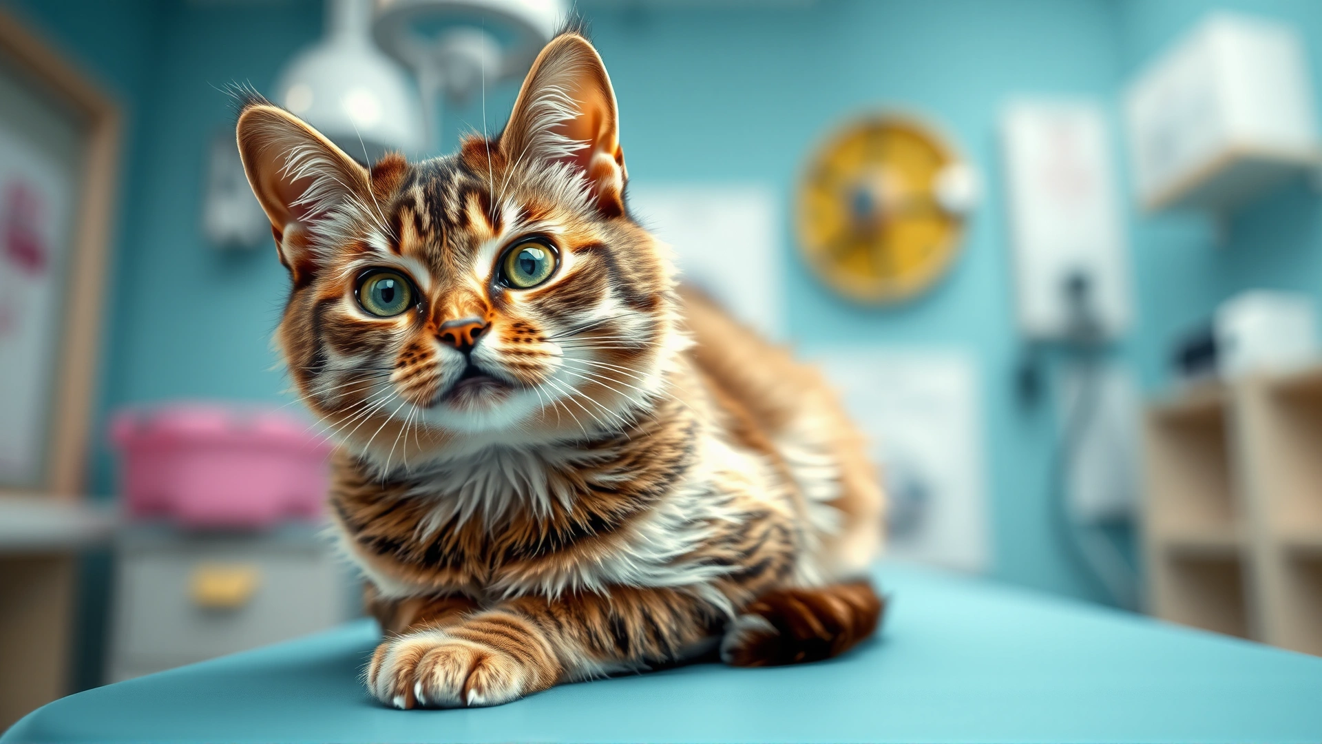 Close-up of a worried domestic short-haired cat sitting on a veterinary examination table with soft-focus clinic background.