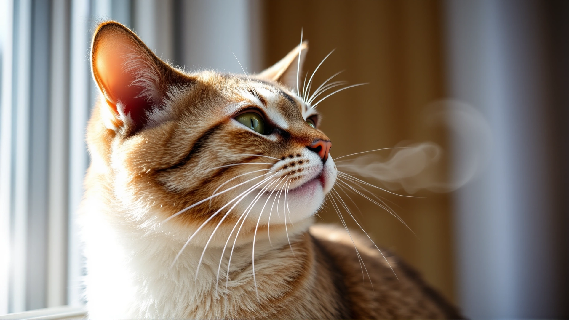 Close-up of an adult domestic short-hair cat sitting near a window with soft sunlight, exhaling visible breath vapor to illustrate respiratory condition.