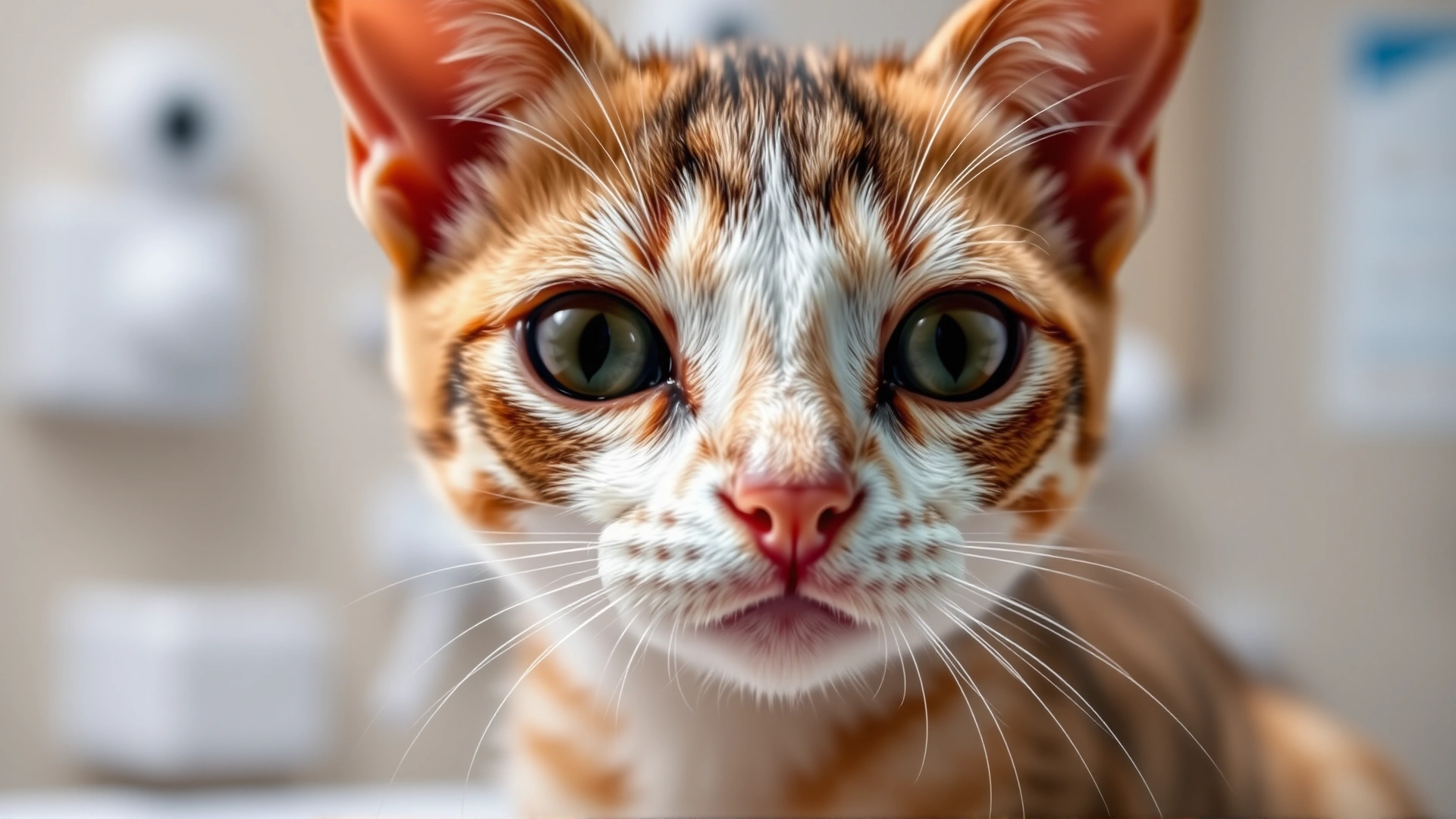 Close-up of a young domestic shorthair cat with watery eyes and slight nasal discharge, sitting on a veterinarian examination table. Soft lighting, veterinary clinic background.