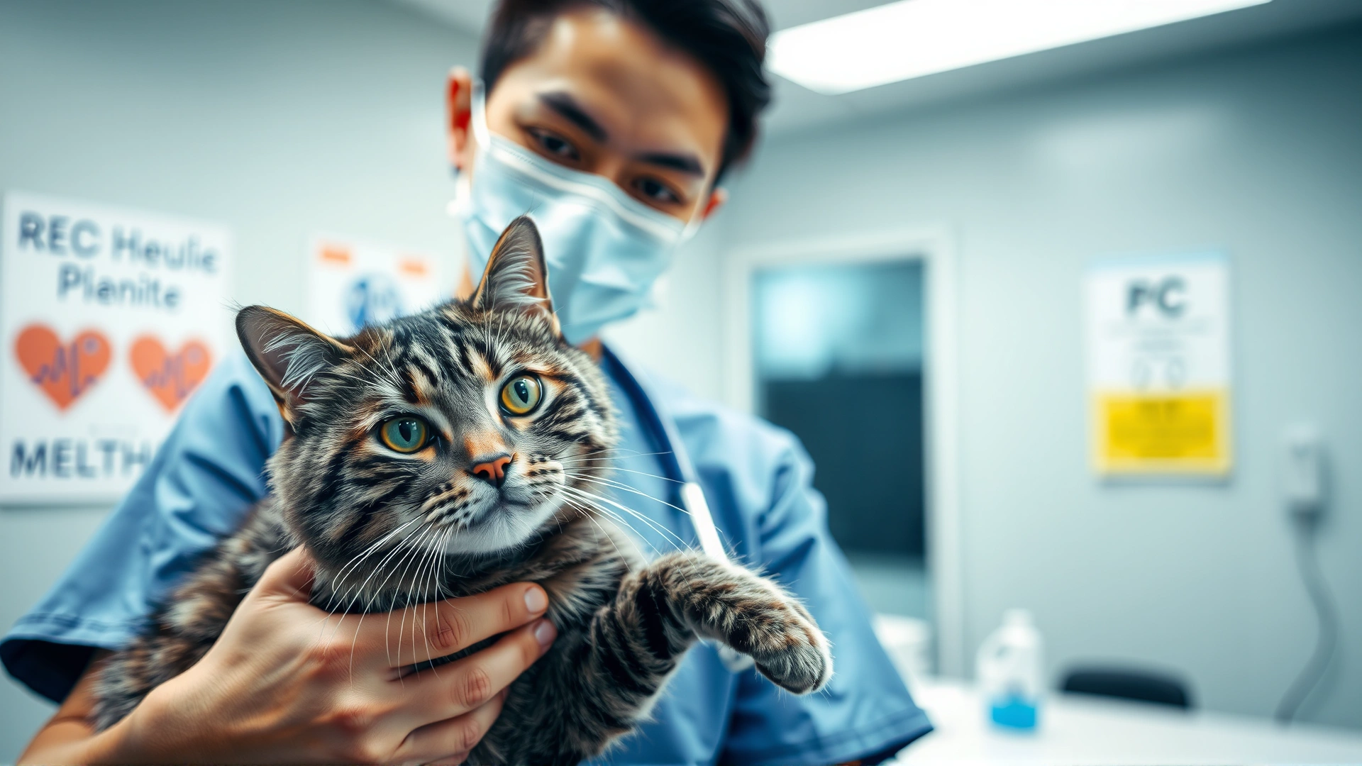 Wide shot of a veterinarian gently holding a grey tabby cat in a clinic, with medical posters blurred in the background, emphasizing respiratory health concern