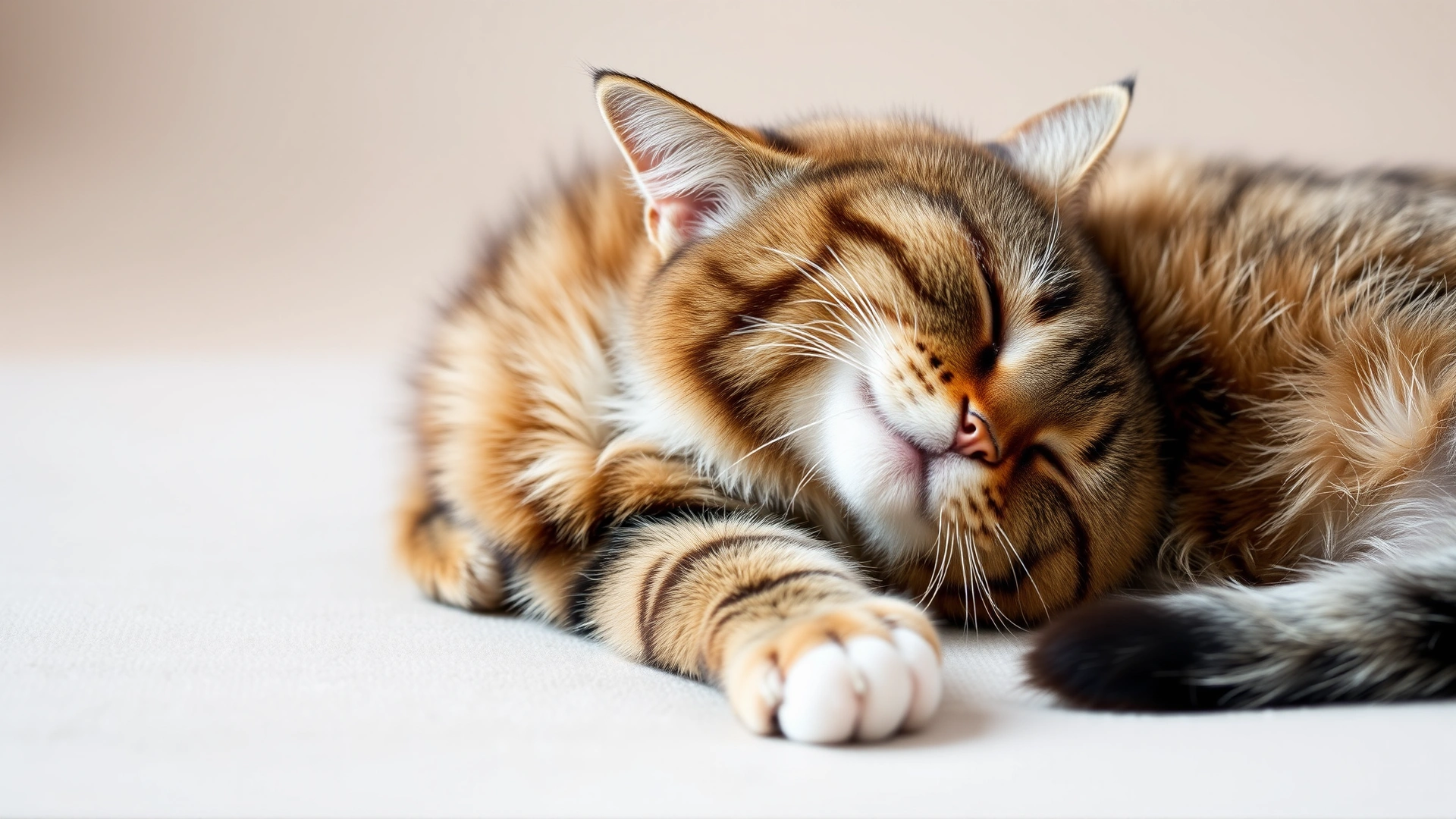 Wide shot of a calm tabby cat lying on its side, chest rising and falling visibly, set against a soft, neutral background; conveys the theme of breathing issues; no text