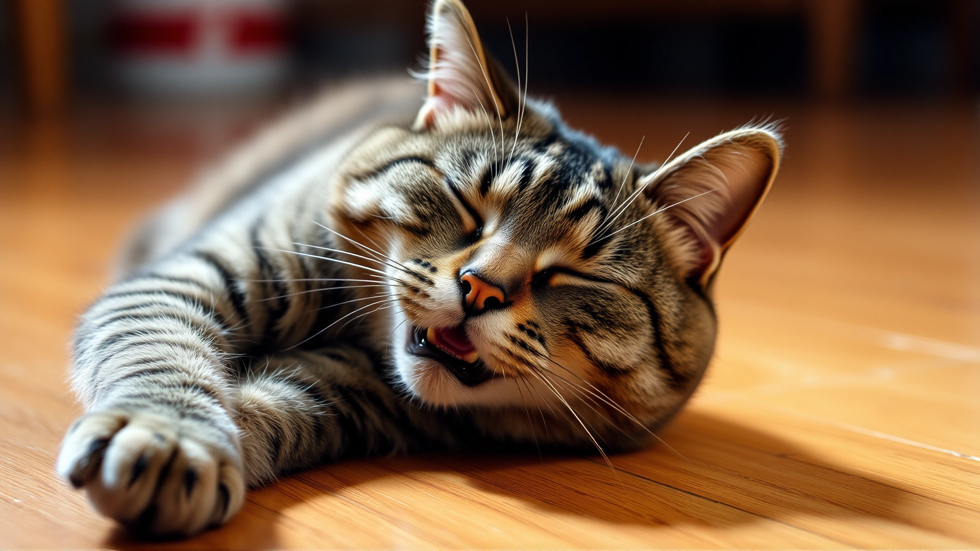 Wide horizontal photo of a grey tabby cat lying on the floor, breathing with slight mouth open, with shallow depth of field and warm indoor lighting to convey mild respiratory distress