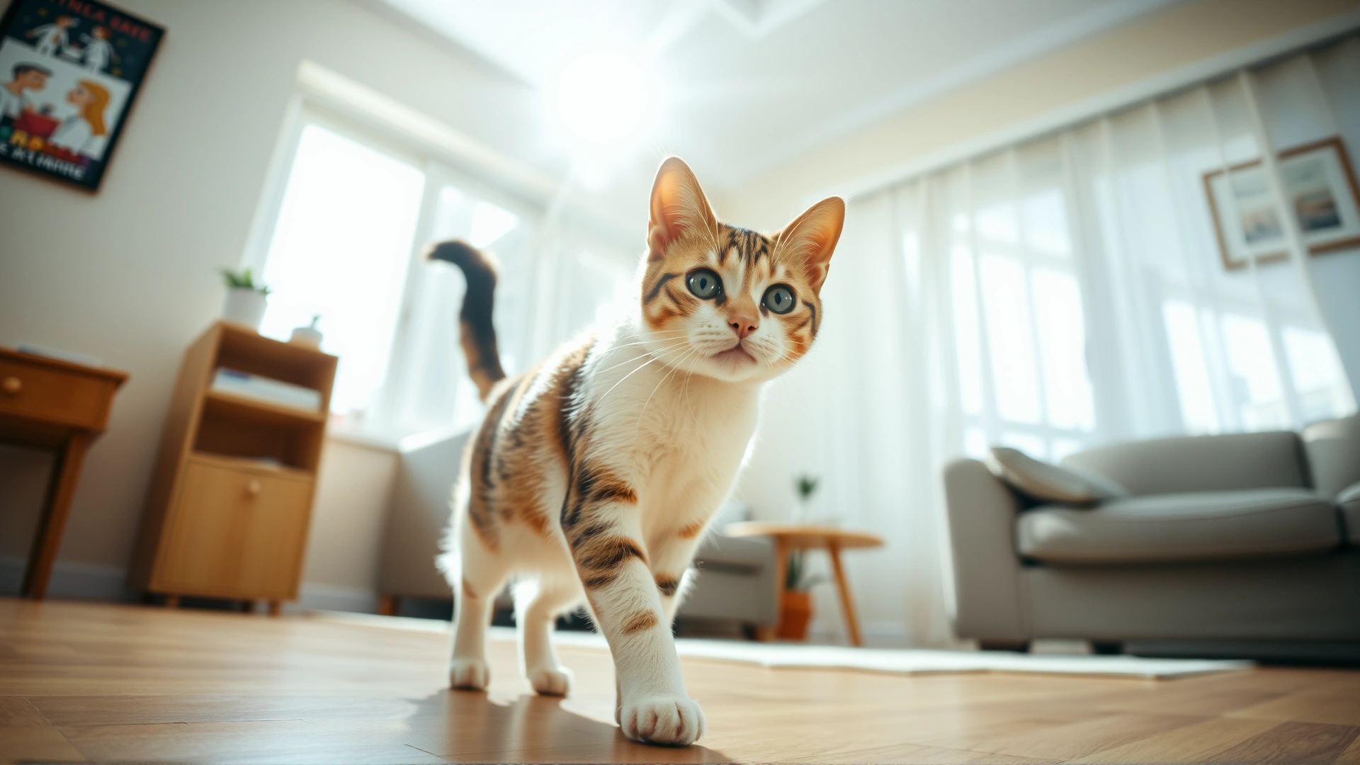 Wide-angle shot of a healthy domestic cat walking confidently in a sunlit living room, symbolizing recovery and vitality; bright and airy atmosphere.