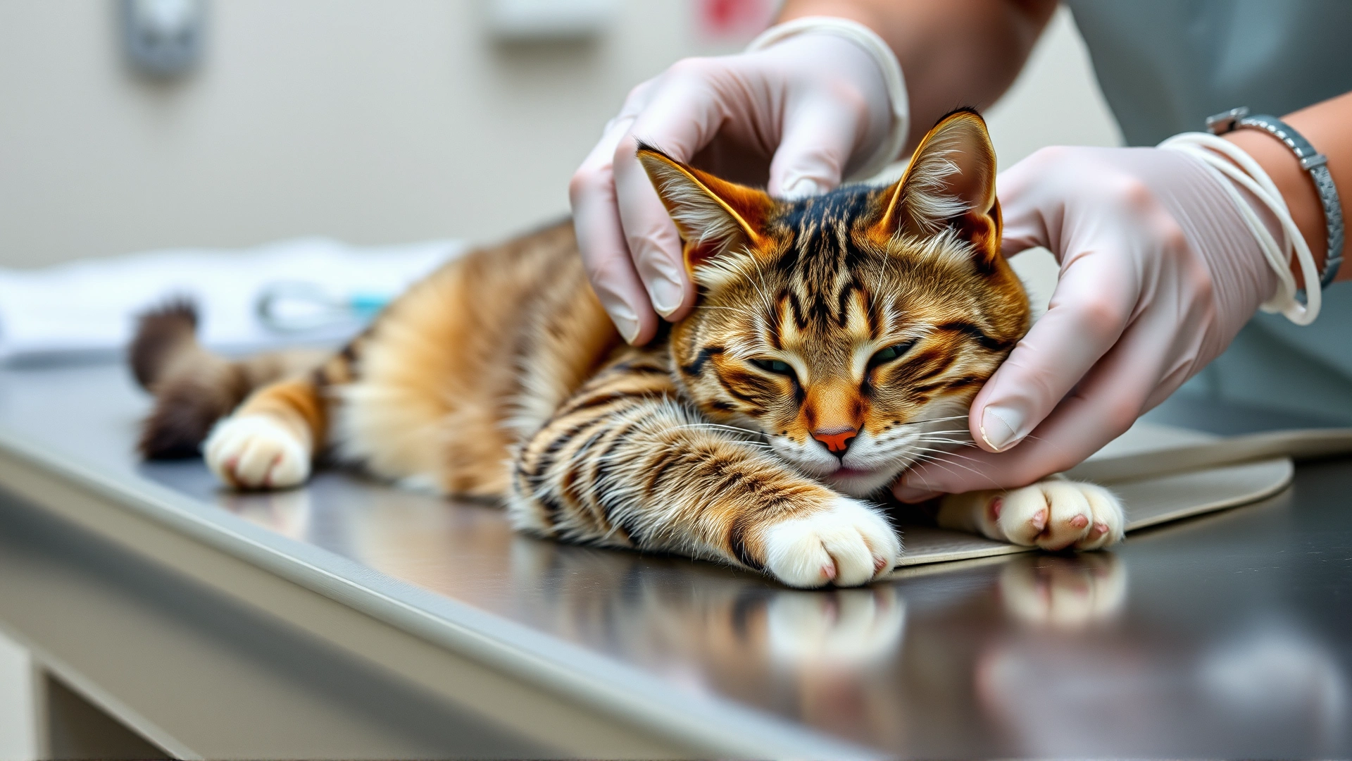Sick domestic cat lying on a veterinary examination table, appearing lethargic; veterinarian hands in disposable gloves gently examining the cat; clinical setting, high-resolution, no text.