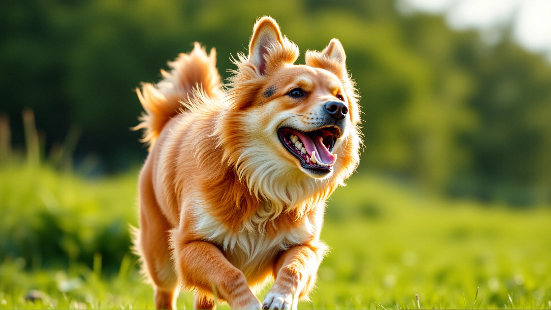 Happy mixed-breed dog running in a green field in slow motion, sunlight highlighting its vibrant fur, symbolizing vitality and healthy movement.