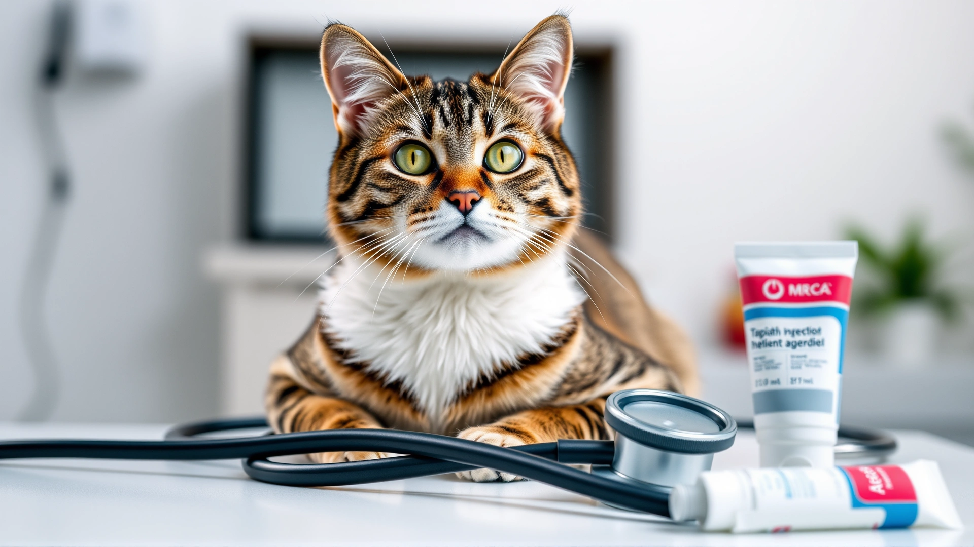 A healthy-looking tabby cat sitting on a table with a stethoscope and topical ointment tubes in the background, representing feline health and staph infection treatment context, studio lighting.