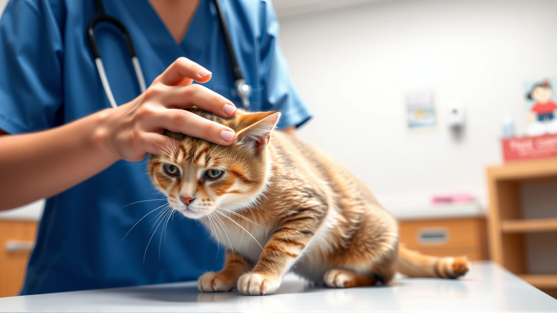 Illustrative image of a veterinarian gently comforting a domestic short-haired cat in a bright examination room. Warm lighting, professional veterinary clinic setting, focus on the cat’s face showing mild distress.
