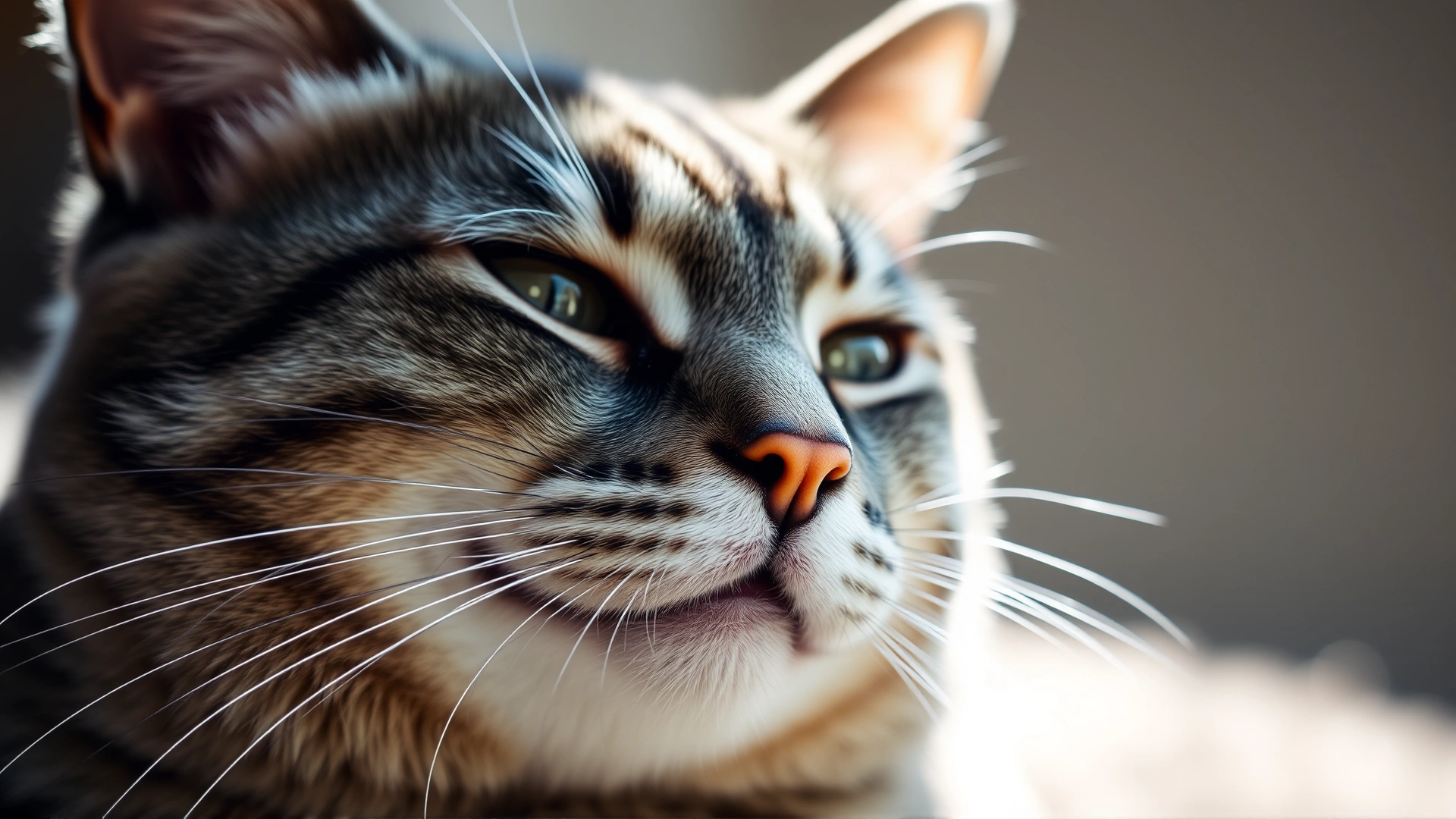 Artistic close-up photograph of a healthy grey tabby cat breathing calmly in soft natural light, shallow depth of field emphasizing the face and chest.