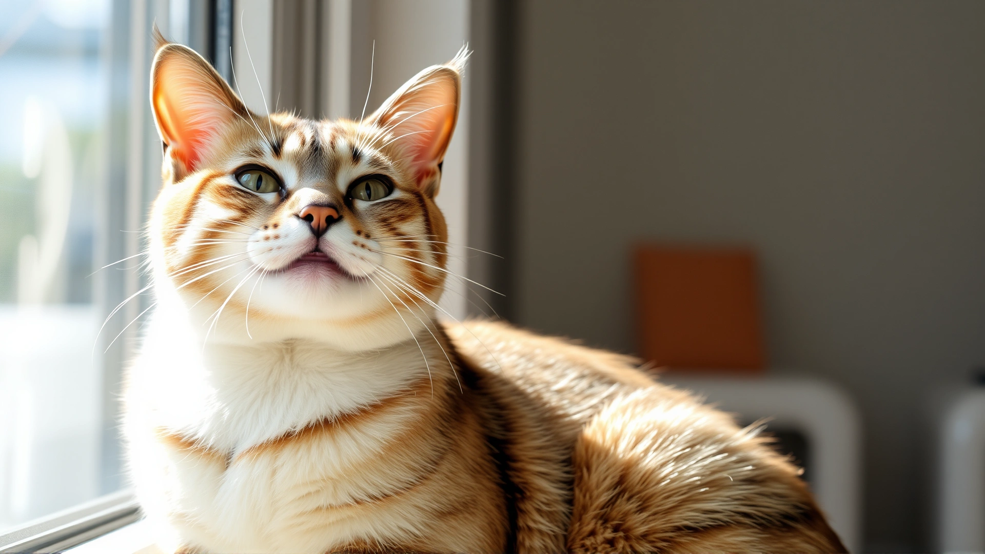 Happy indoor cat sitting near a sunlit window looking healthy and relaxed, symbolizing recovery from respiratory infection.