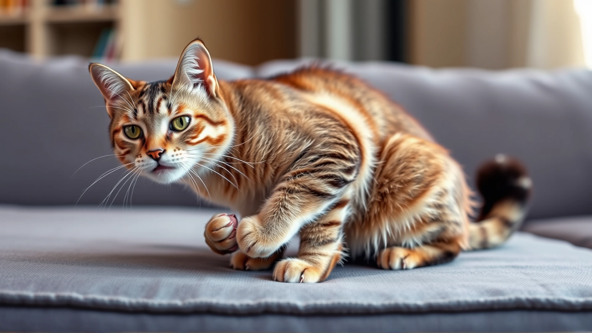 High-resolution image of an adult domestic short-haired cat crouched on a sofa, looking worried while licking its front paw, focus on the action, warm home environment.