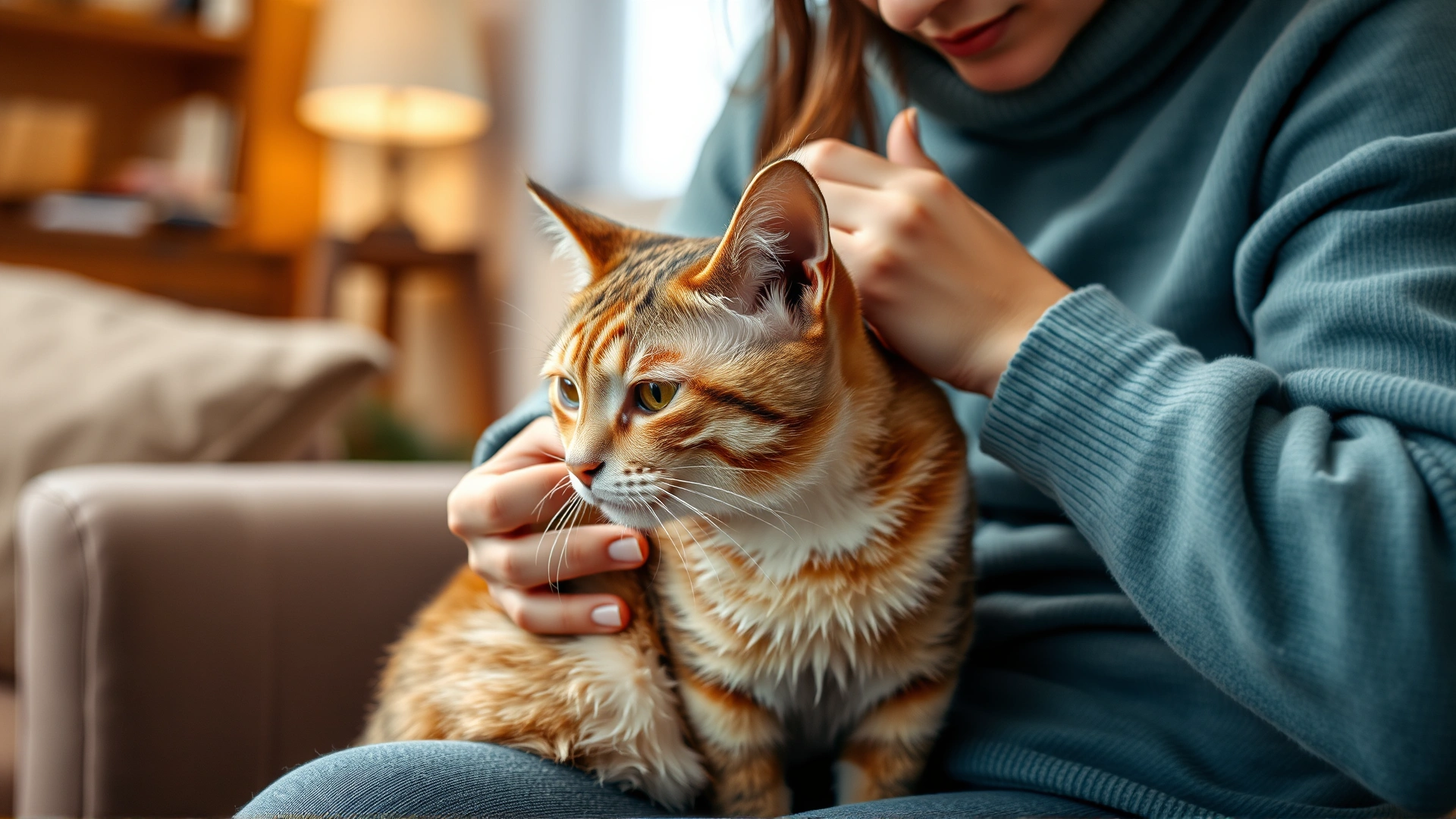 A worried cat owner gently inspecting their cat's coat on a couch; the cat has small bald patches on its back; warm home interior.