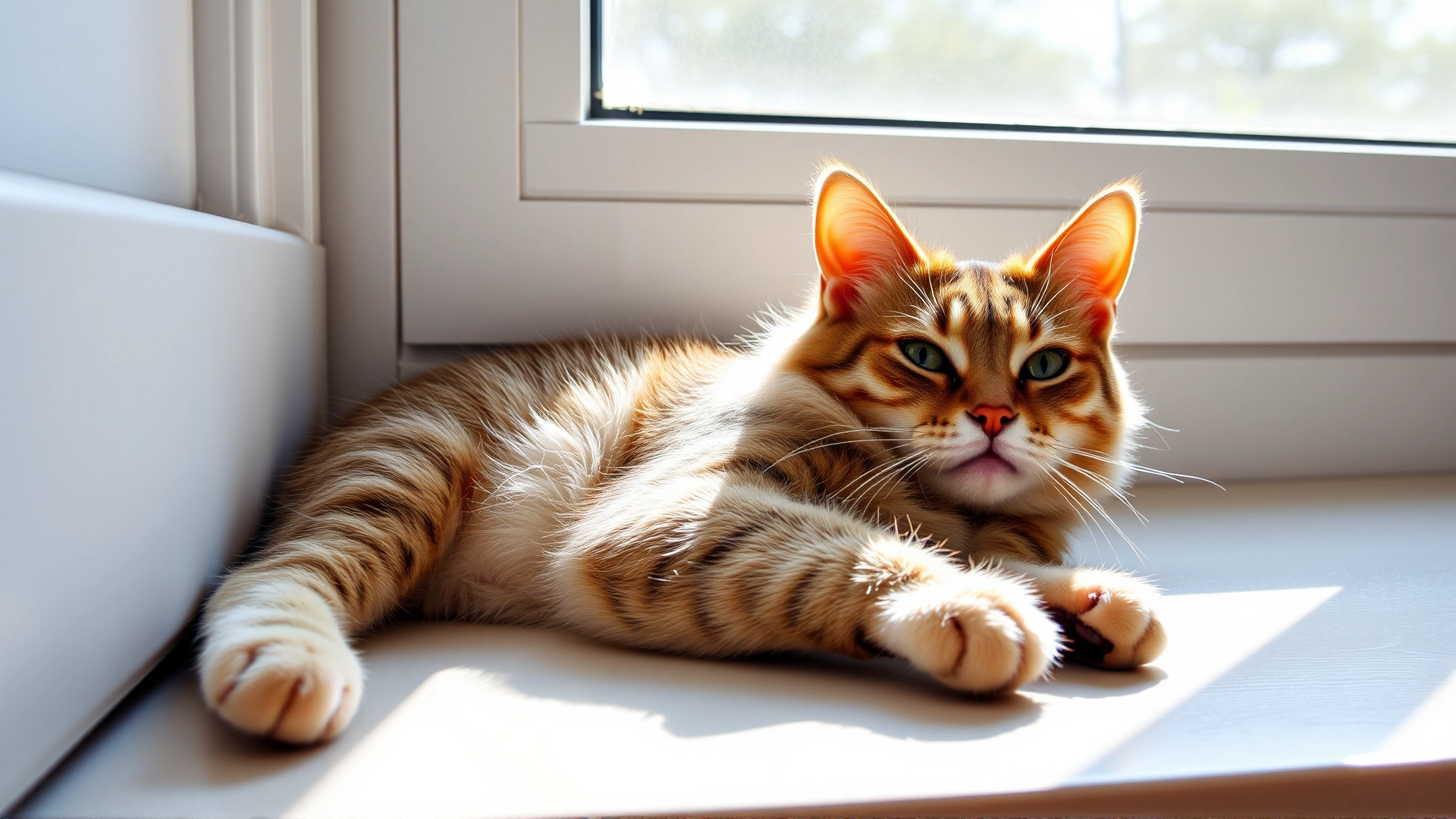 Wide-angle photo of a relaxed domestic short-haired cat lounging on a sunny windowsill, soft natural lighting highlighting its healthy fur, serving as a welcoming hero banner.