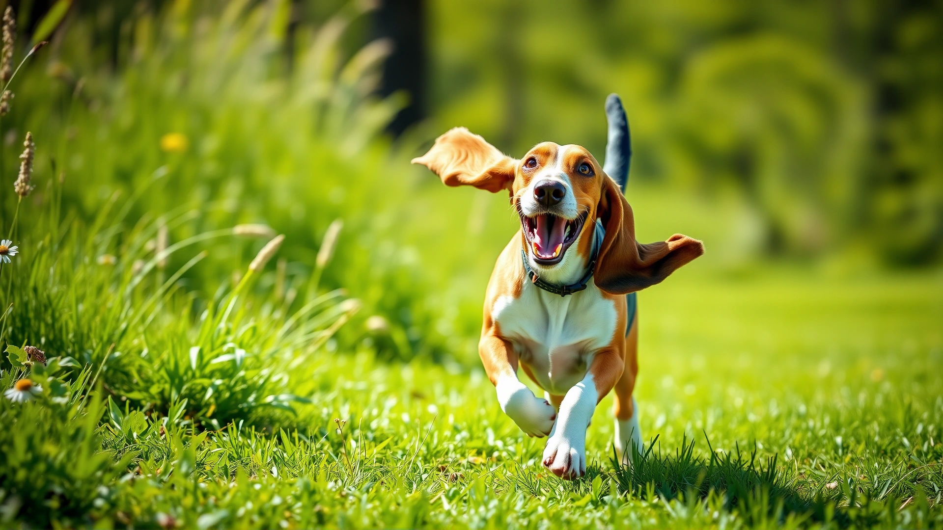 A cheerful adult Basset Hound running through a lush green meadow under bright sunlight, ears flapping in the wind, high-resolution action shot