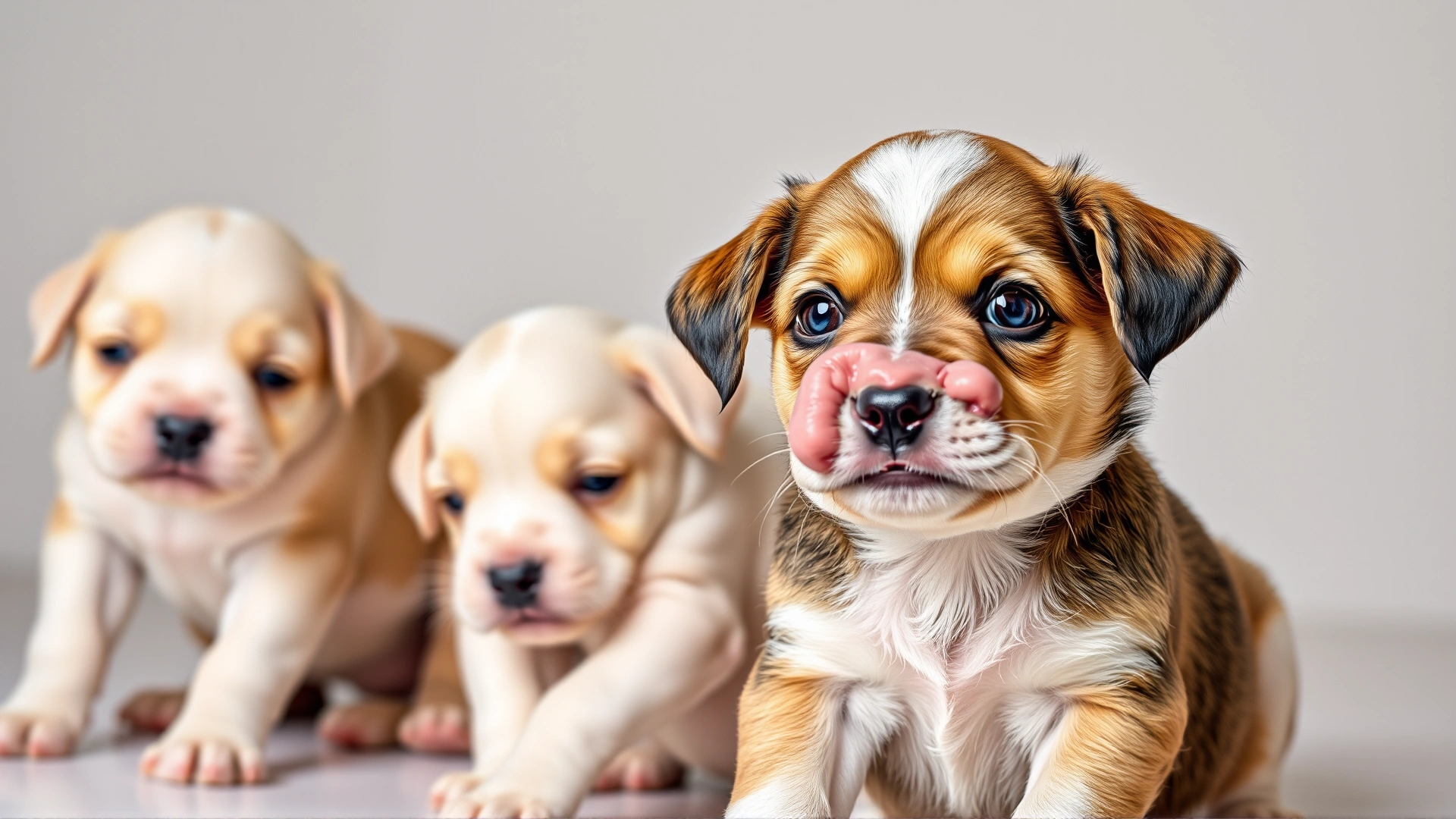 Soft-focus image of a playful litter of puppies with one puppy prominently showing a mild facial swelling, set against a neutral background to illustrate the condition’s early signs.