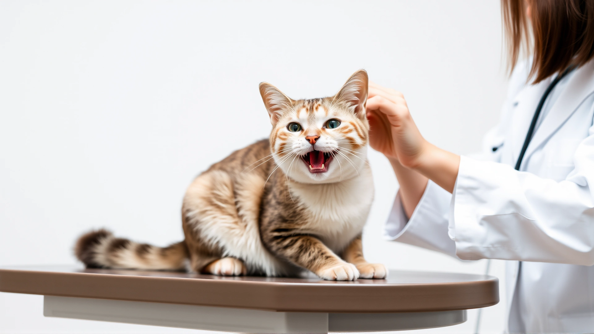 Happy domestic short-haired cat sitting on examination table, veterinarian in white coat gently lifting cat’s fur to check skin, bright neutral background, no text.