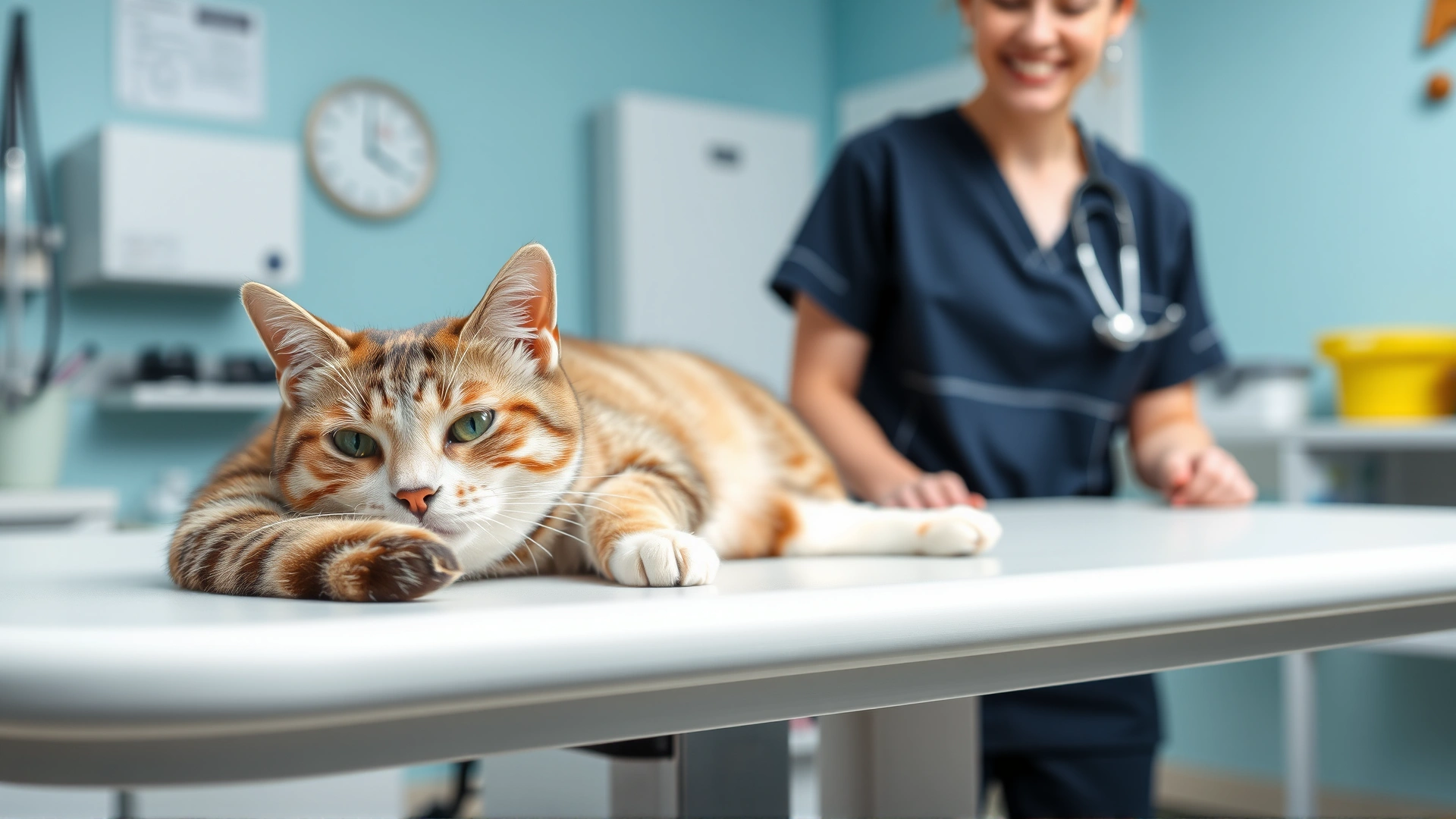 Wide shot of a calm domestic short-hair cat lying on a white examination table with a veterinarian in scrubs smiling in the background. Bright, clean veterinary clinic setting.