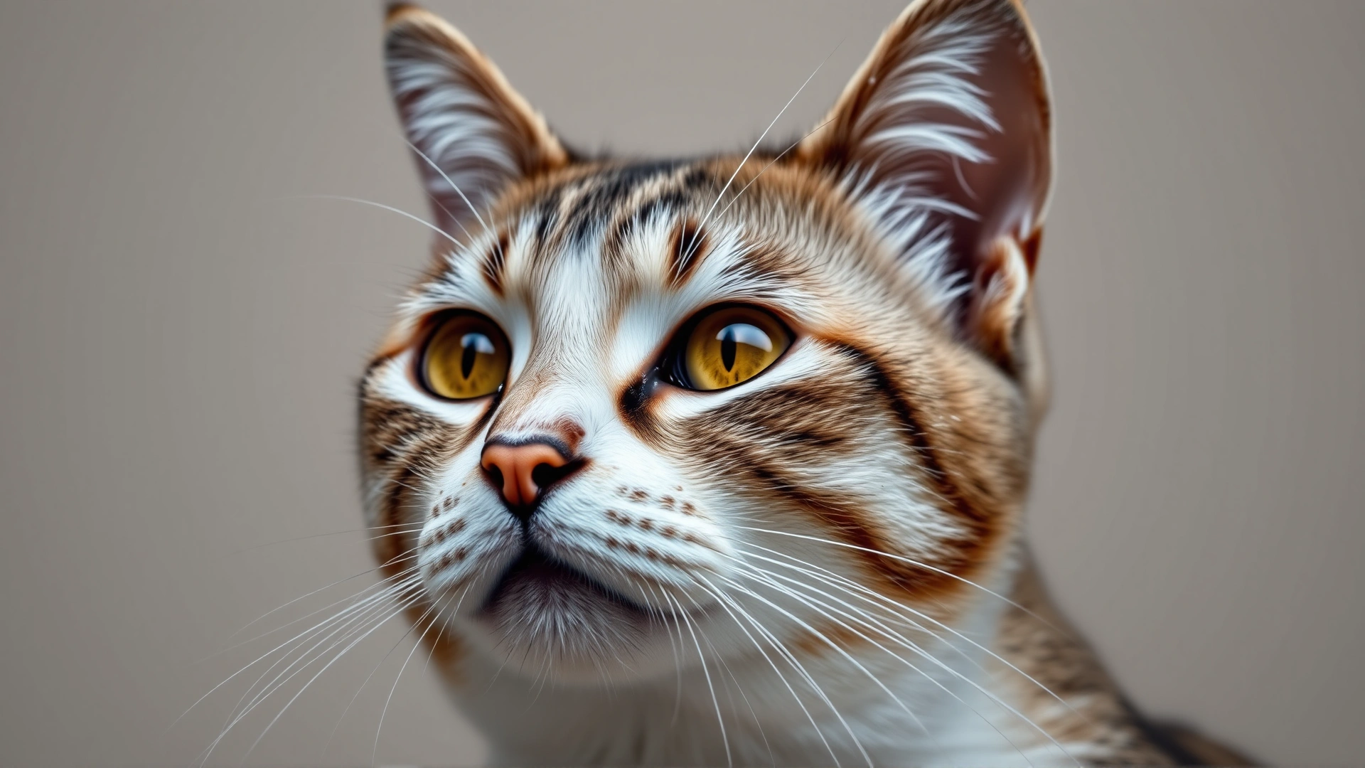 Portrait of a calm domestic shorthair cat looking into the camera with subtle skin crusts on its face, soft neutral background accentuating the subject