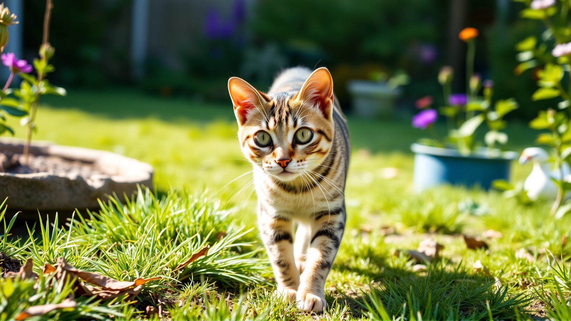 An eye-catching wide shot of a curious tabby cat walking in a garden, illustrating the outdoor environment where cats may get into fights that lead to abscesses. Bright daylight.