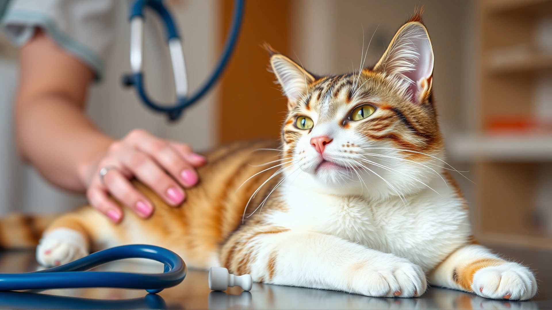 Friendly domestic cat lying comfortably while a veterinarian approaches with a stethoscope, bright clinic environment, warm inviting colors