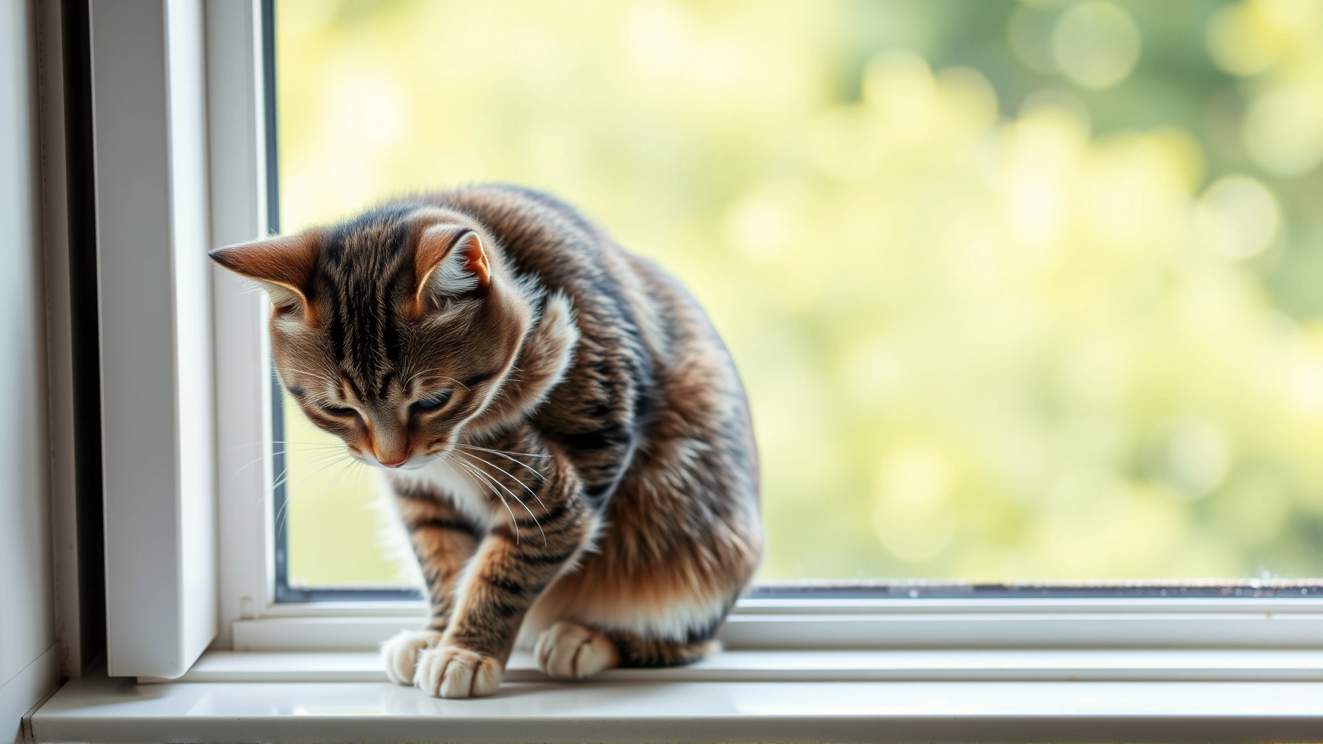 A worried domestic cat sitting on a windowsill vigorously scratching its neck, highlighting discomfort associated with mange, shot in natural daylight with a shallow depth of field.