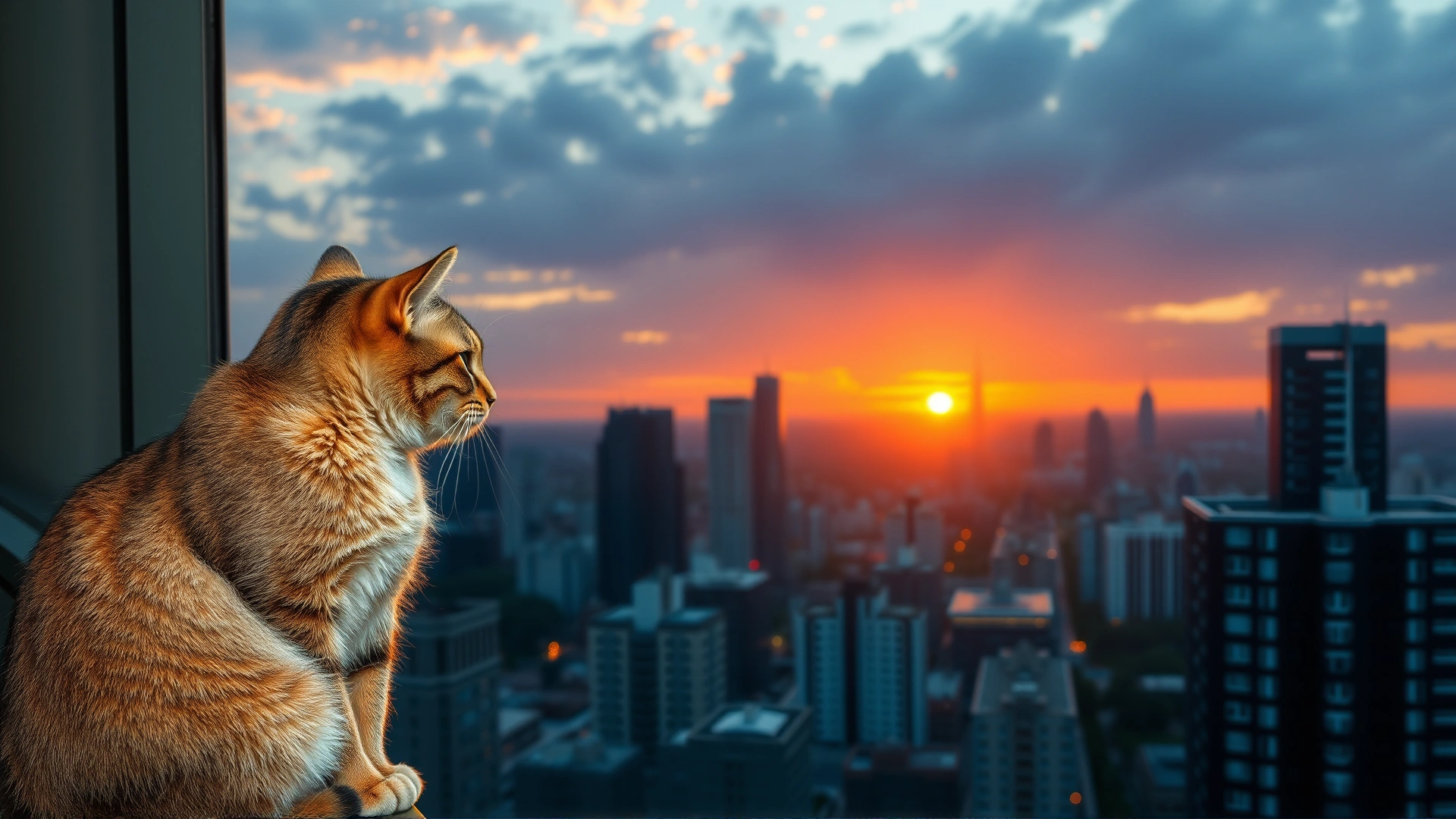 A house cat perched on a window ledge of a high-rise apartment looking out over a modern city skyline at sunset, high-resolution, no text