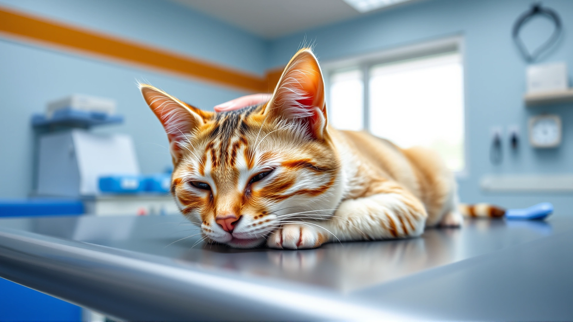 Calm domestic cat lying on a veterinary examination table while a veterinarian in blue scrubs softly strokes its head, bright clinic environment, shallow depth of field, no text