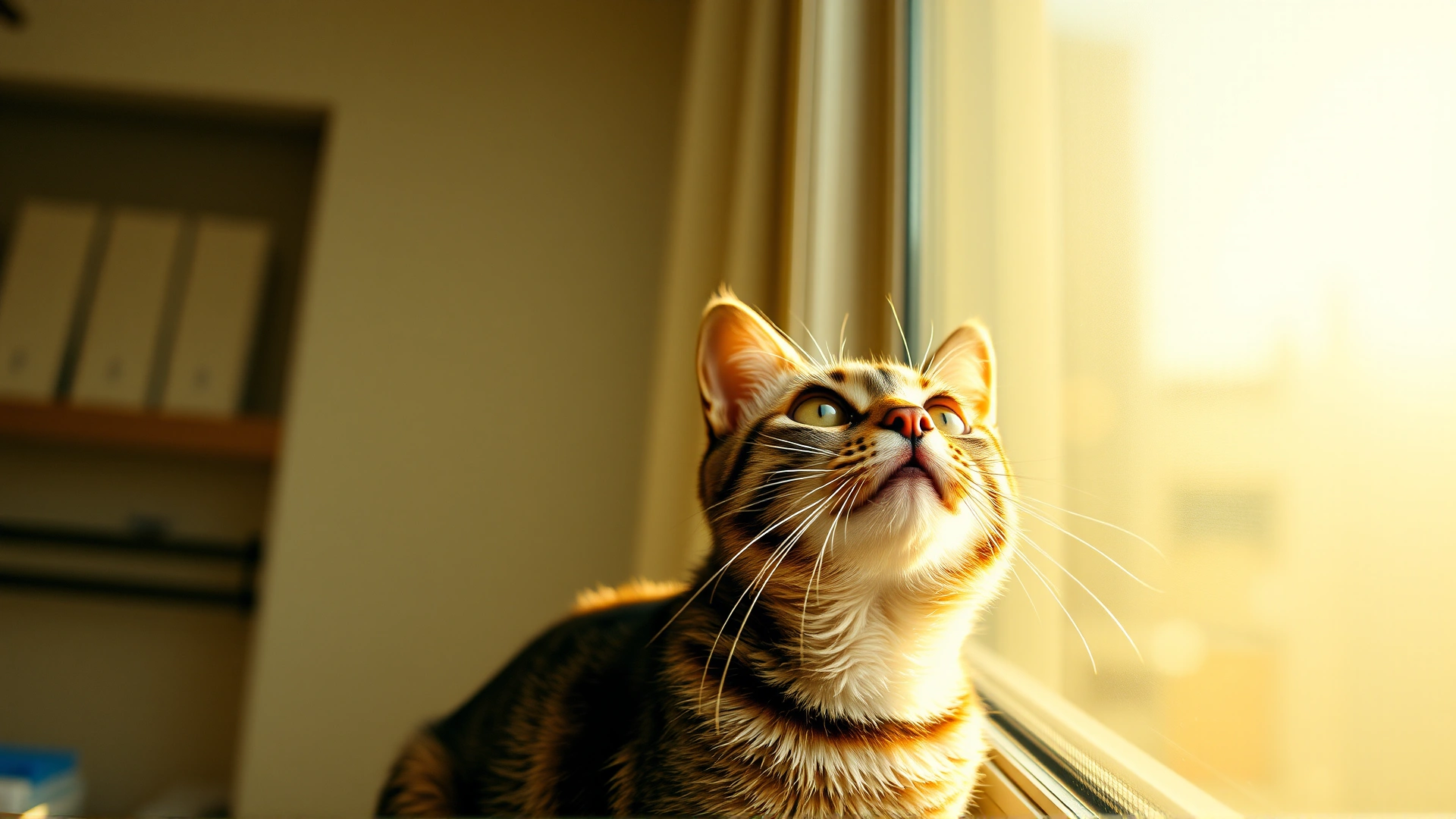 Wide-angle photo of a curious tabby cat looking up while sitting on a home windowsill with warm sunlight, soft blurred background, no text