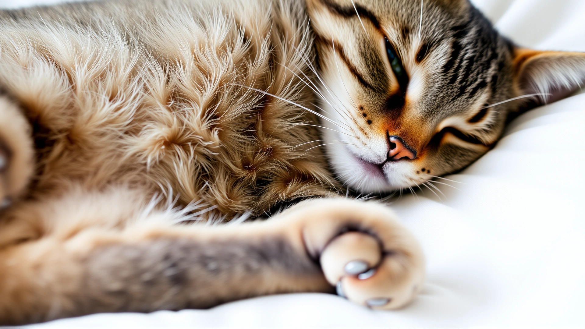 A calm grey tabby cat lying on a white blanket, focus on the cat's abdomen area, bright and airy composition
