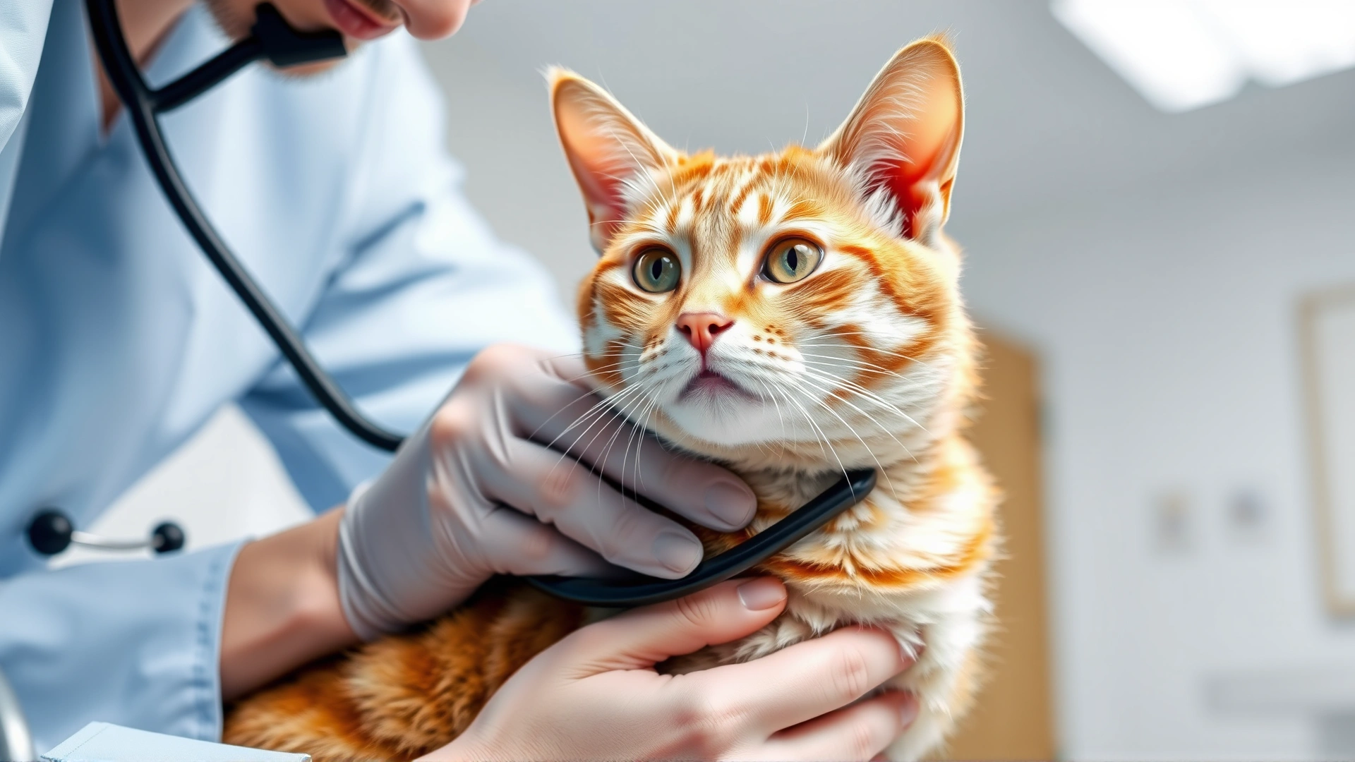 Close-up of a grey tabby cat curiously watching a microscope and urine test tubes in a modern veterinary lab, soft bright lighting, no text