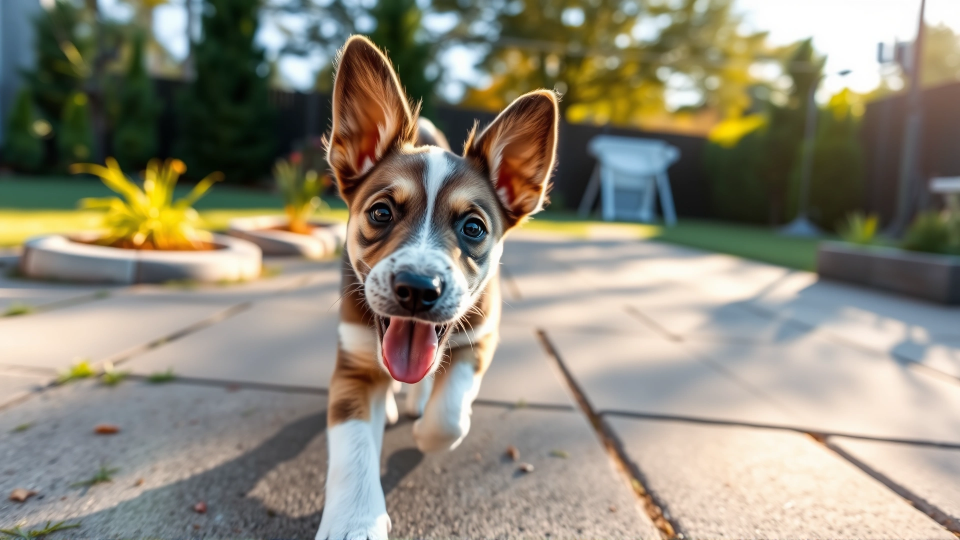 Energetic puppy running toward the camera in a sunlit backyard, ears flapping and tongue out, representing vitality and new beginnings.