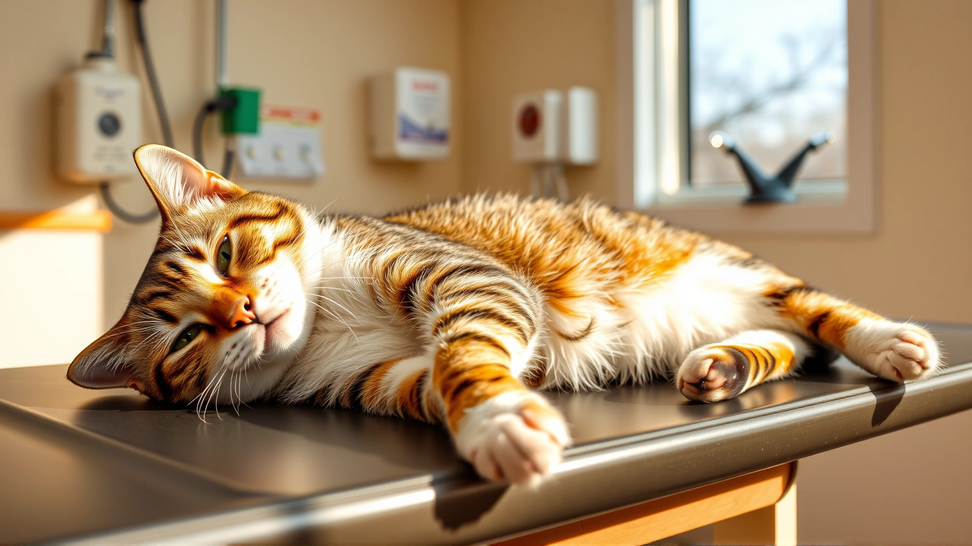 A relaxed domestic cat lying on a veterinary examination table, with a gentle medical setting in the background, shot in warm natural light.