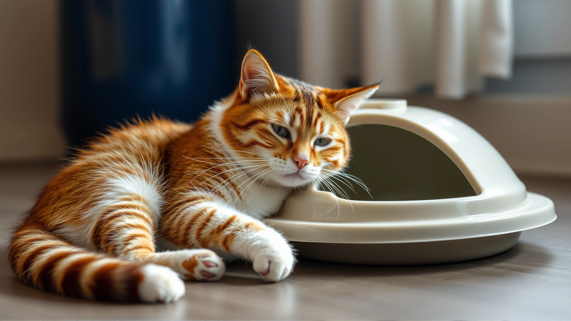 Indoor cat lying next to a clean litter box while appearing uncomfortable, soft natural lighting, emphasizing urinary discomfort
