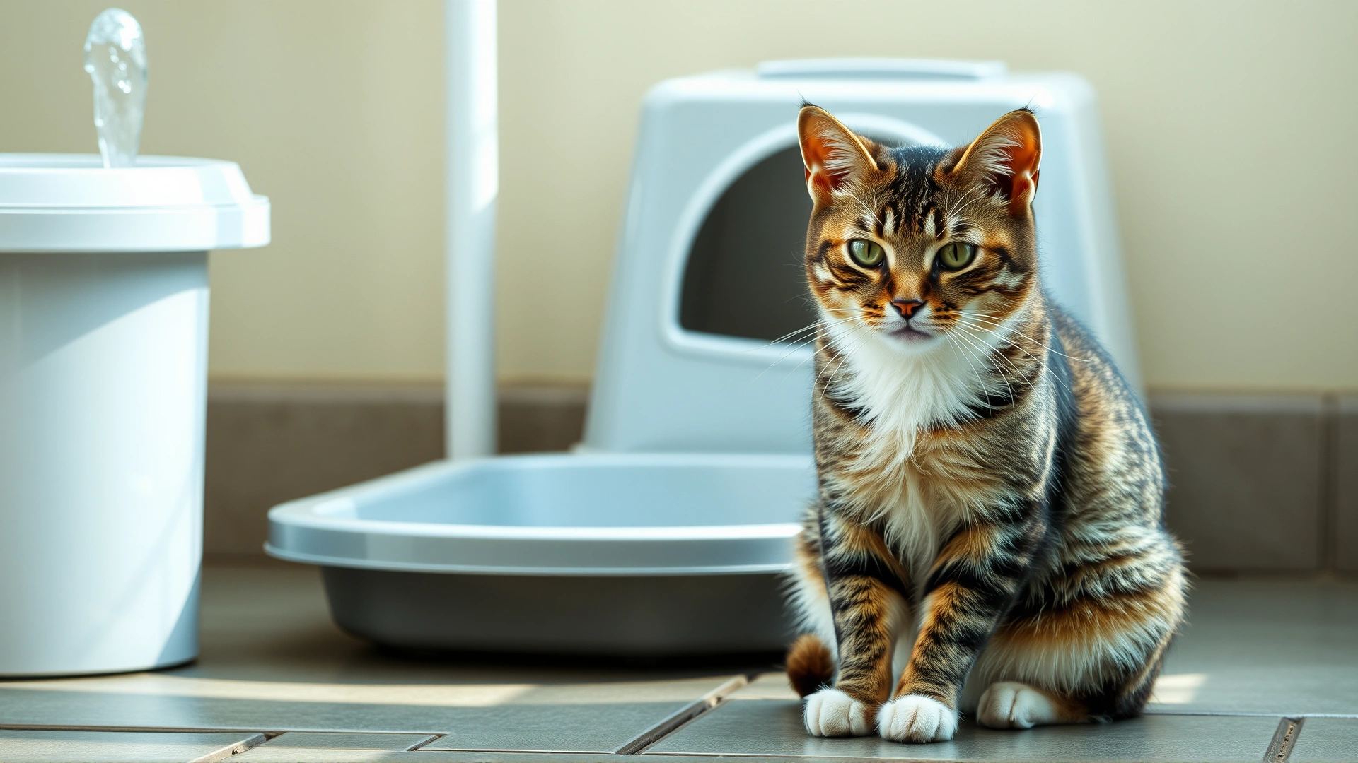 A calm domestic short-haired cat sitting near a water fountain and a litter box, soft natural light