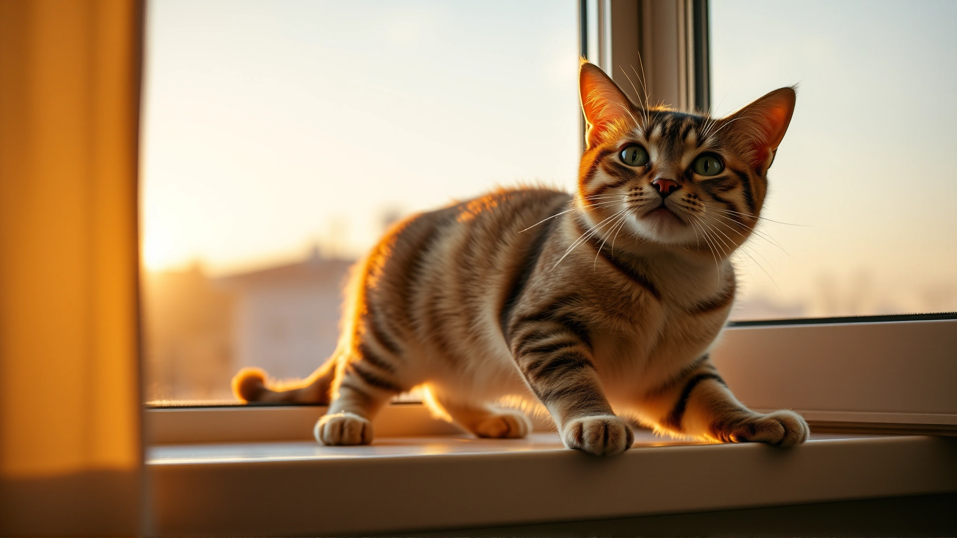 Wide hero shot of a healthy adult cat stretching on a windowsill at sunrise, warm golden light emphasizing vitality, no text.
