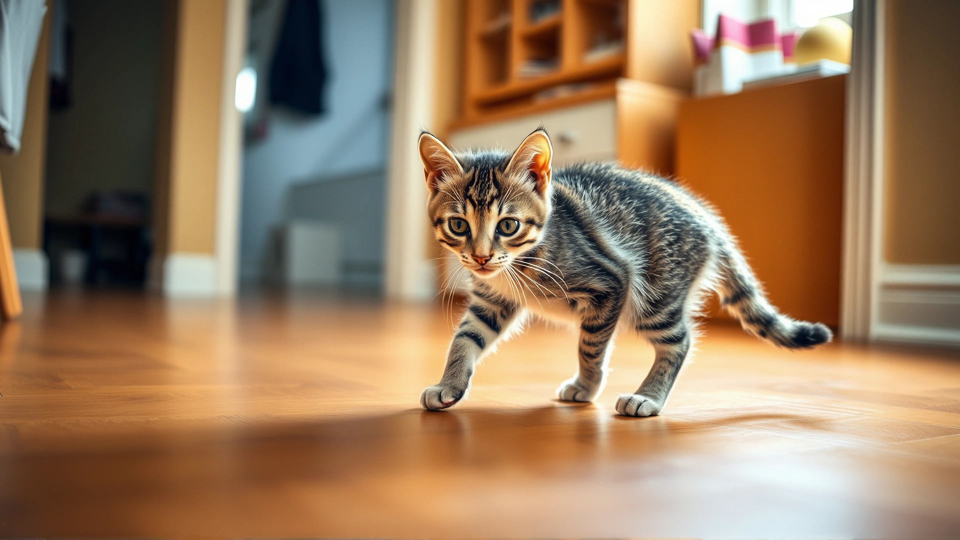 Wide horizontal image of a young cat walking unsteadily on a wooden floor, slightly blurred background to emphasize movement, warm indoor lighting, high resolution