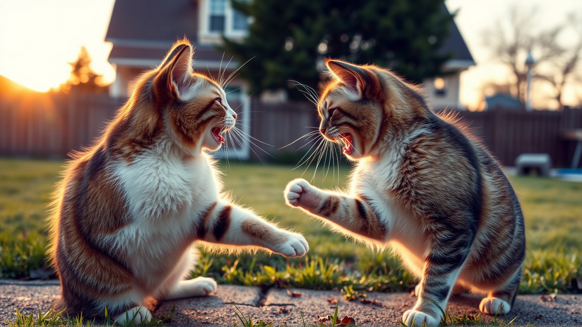 Horizontal image of two cats mid-fight with raised fur and arched backs in a suburban backyard at sunset, emphasizing the tension and risk of cat fights.