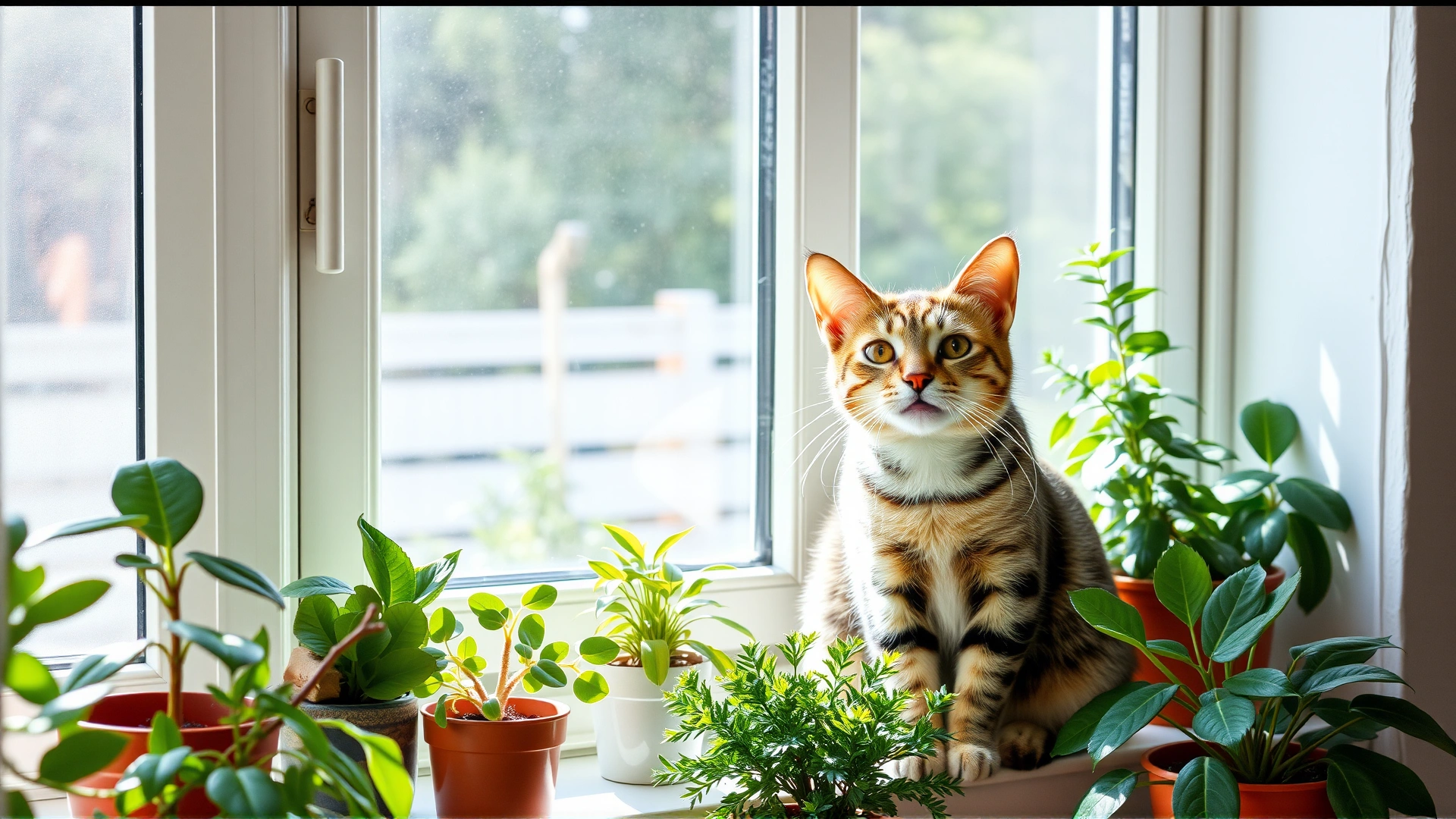 Wide, inviting banner photo of a happy tabby cat sitting on a windowsill surrounded by various houseplants, bright daylight.