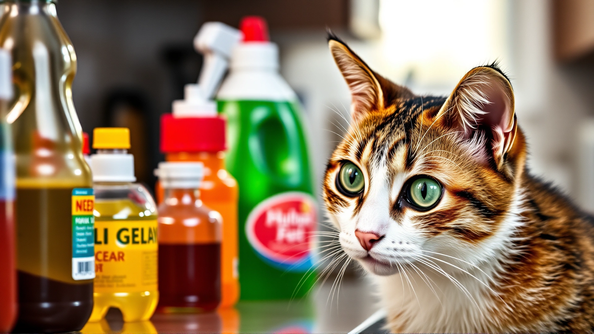 Close-up of a curious cat staring at various colorful household bottles arranged on a countertop, symbolizing potential toxins.