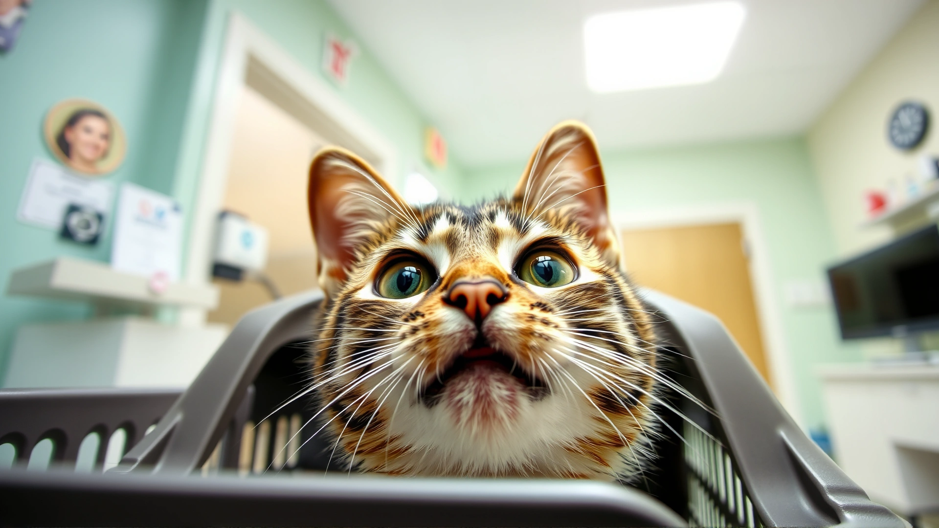 Close-up of a curious tabby cat peeking out from its carrier in a bright veterinary clinic reception area, conveying anticipation and alertness.