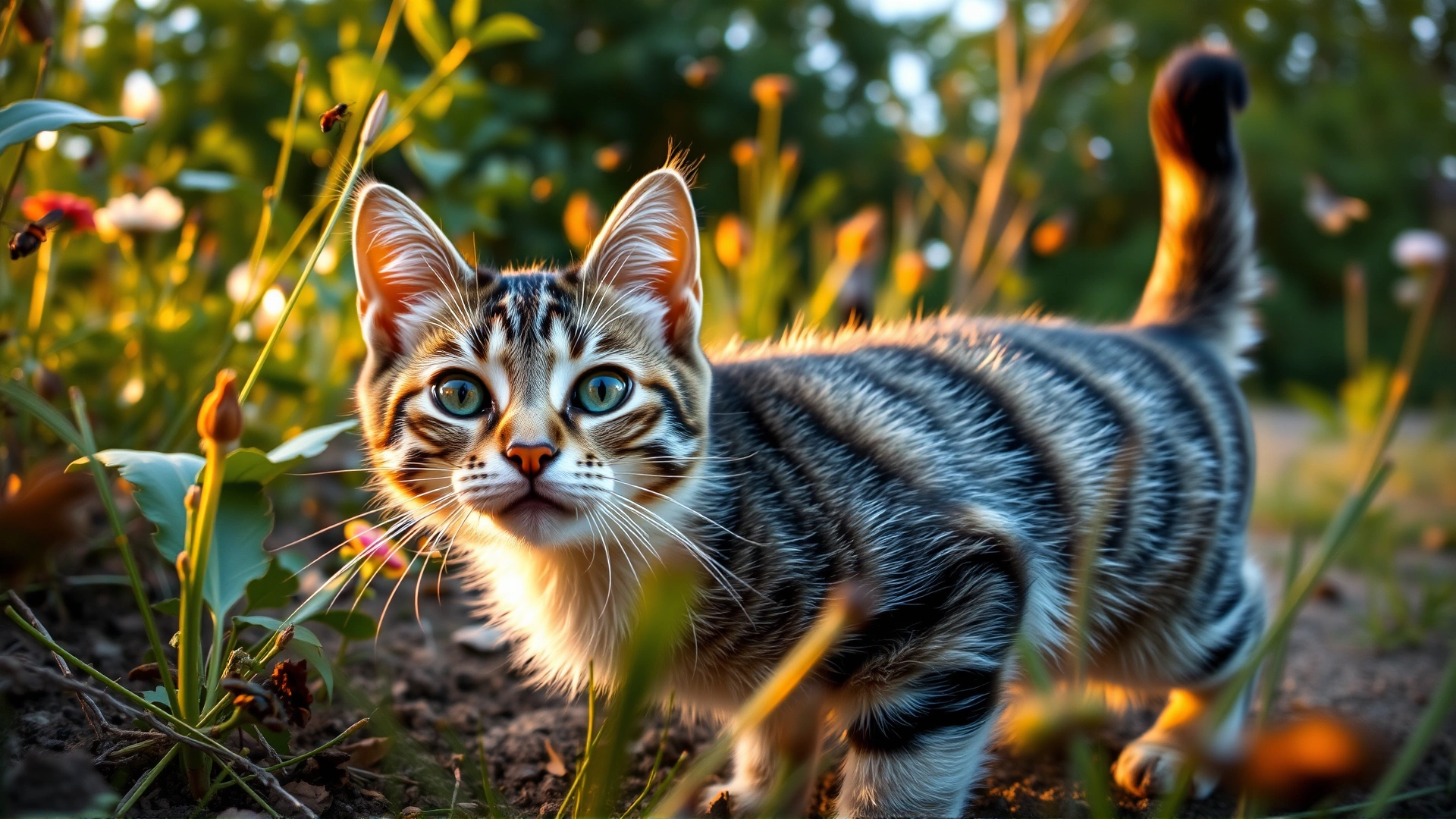 Close-up of a curious tabby cat staring with wide pupils in low light, emphasizing its night vision ability, dark blue background for nighttime mood.