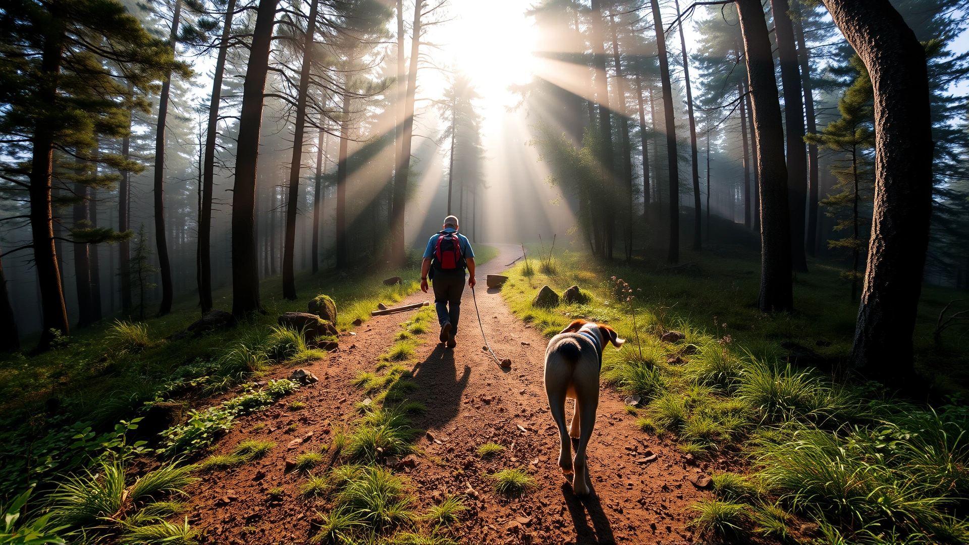 Wide-angle shot of a dog and its owner walking along a forested hiking trail with morning mist and sun rays filtering through the trees – conveys the start of an adventure.