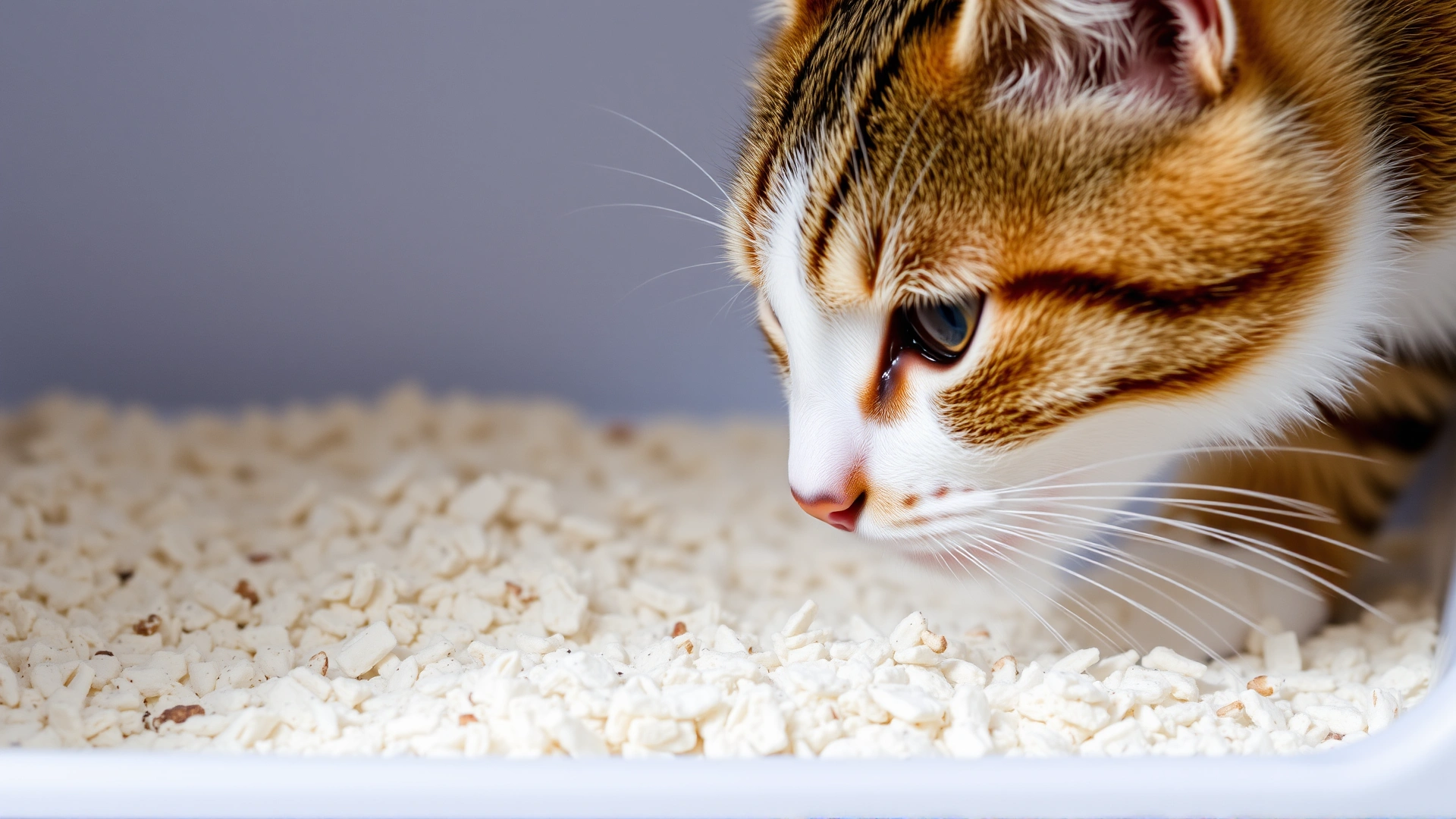 Close-up shot of a curious tabby cat sniffing fresh clumping litter inside a pristine litter box, bright background.