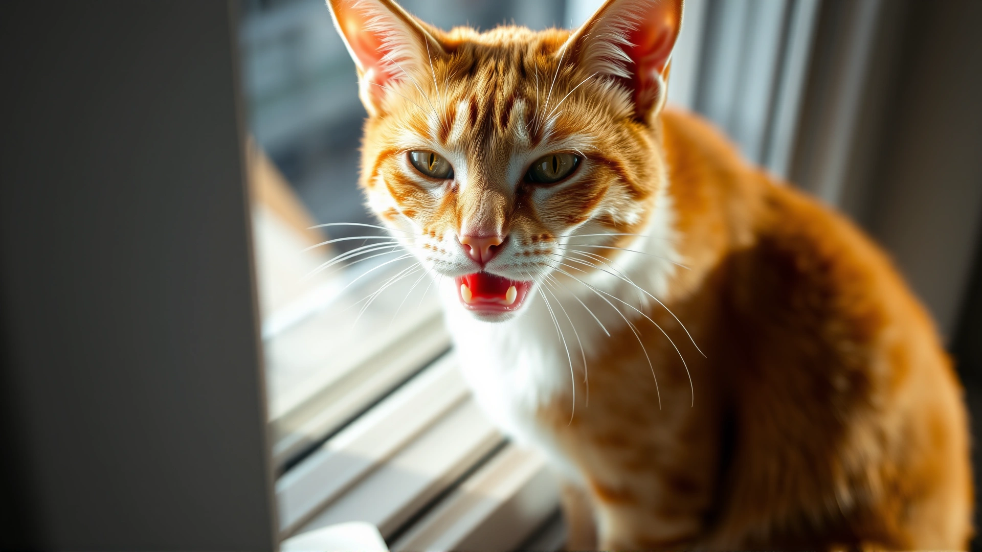 Close-up of a ginger cat sitting on a windowsill with its mouth slightly open as if trying to meow, sunlight highlighting the fur.