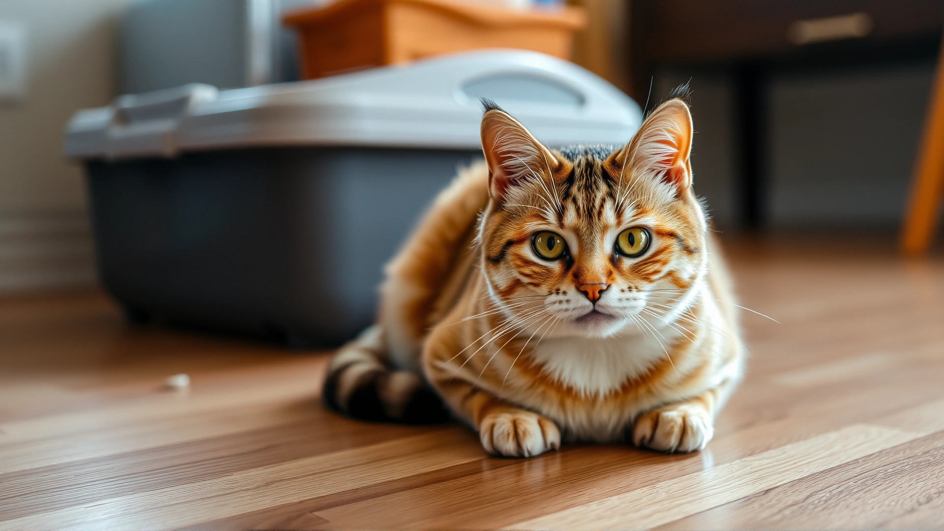 Close-up of a concerned cat sitting on a hardwood floor near its litter box, warm indoor lighting, shallow depth of field