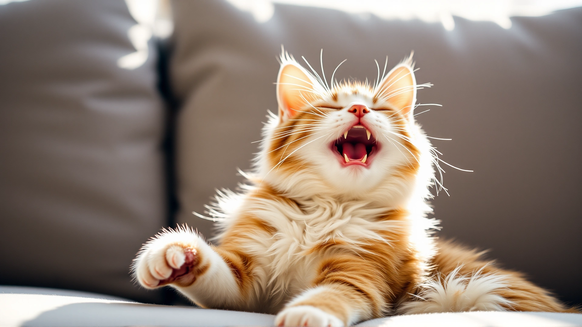 Playful domestic cat mid-yawn on a cozy sofa with soft morning sunlight illuminating the scene, shallow depth of field, high-resolution photo